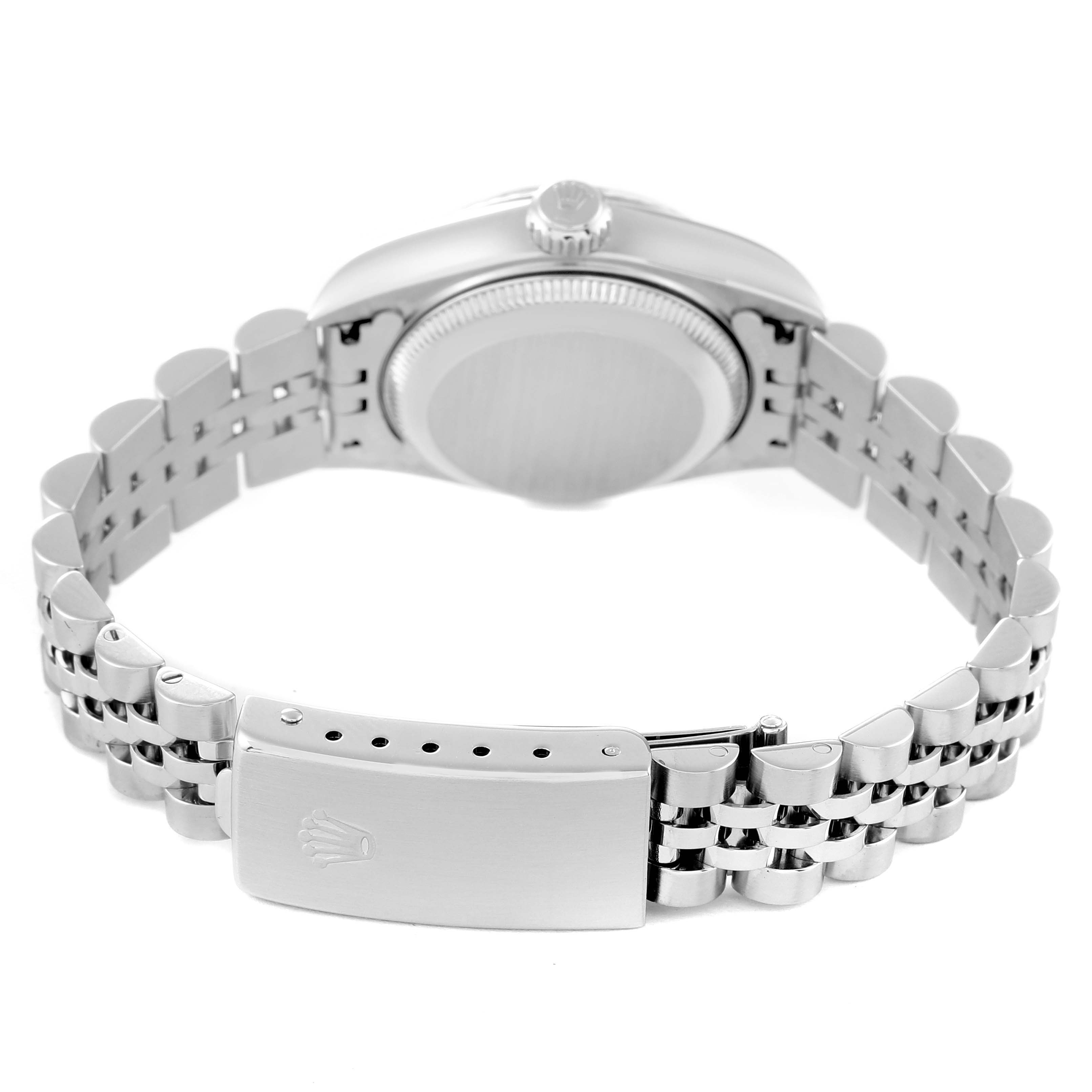 This image shows the back view of a Rolex Datejust 79174 Women's Stainless Steel Mother of Pearl Dial 79174 Women's Stainless Steel Mother of Pearl Dial watch, highlighting the bracelet and clasp.