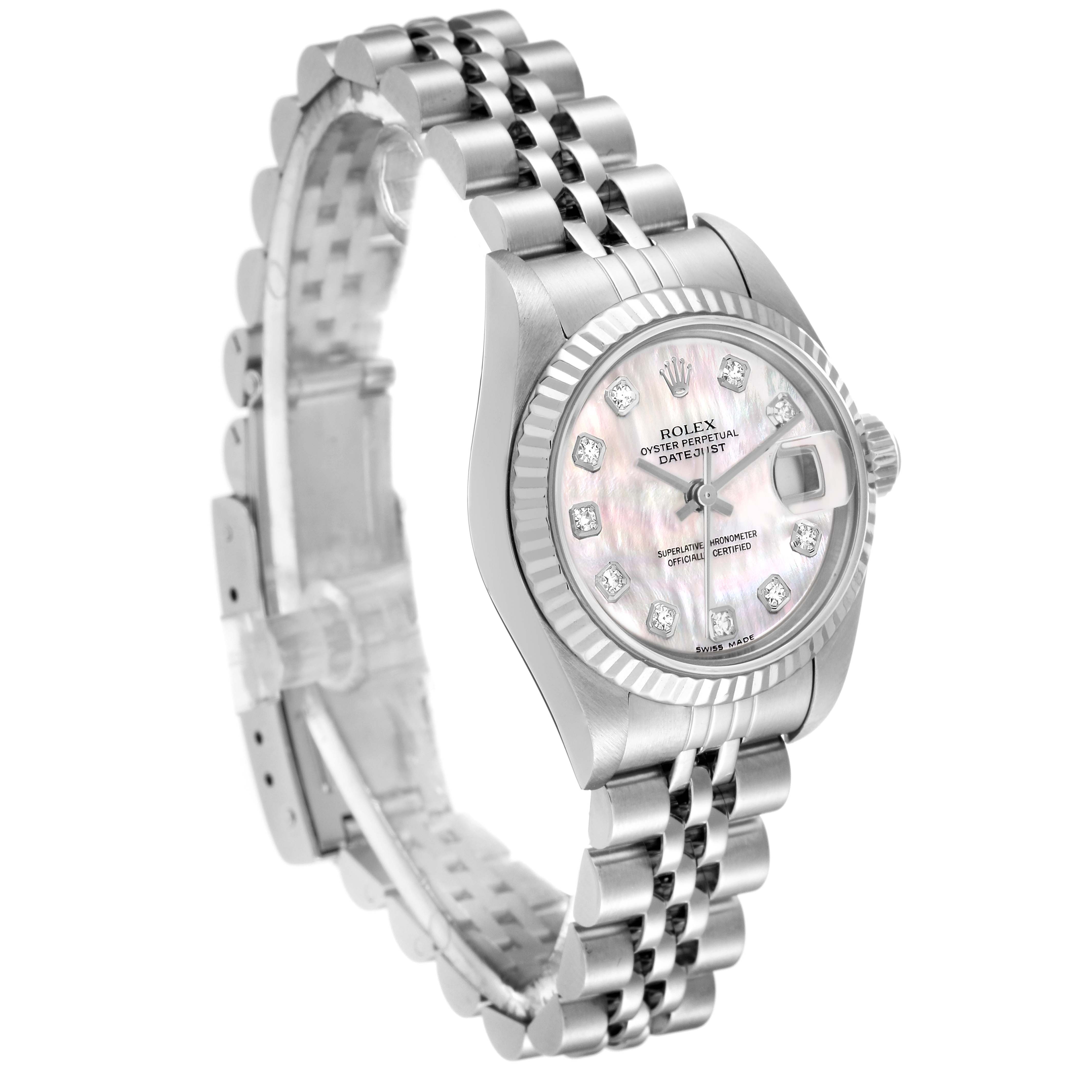 The image shows a side angle of the Rolex Datejust 79174 Women's Stainless Steel Mother of Pearl Dial 79174 Women's Stainless Steel Mother of Pearl Dial watch, highlighting its face, bezel, bracelet, and partially open clasp.