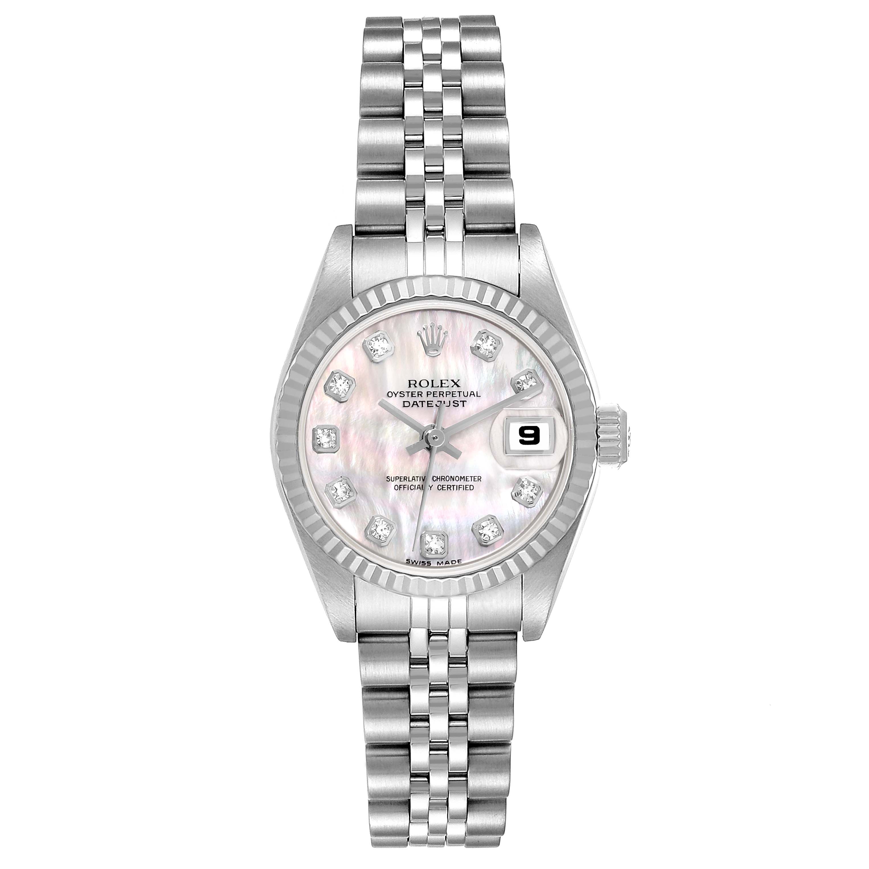 This image shows a Rolex Datejust 79174 Women's Stainless Steel Mother of Pearl Dial 79174 Women's Stainless Steel Mother of Pearl Dial watch from a front angle, displaying its face, bracelet, and date window.