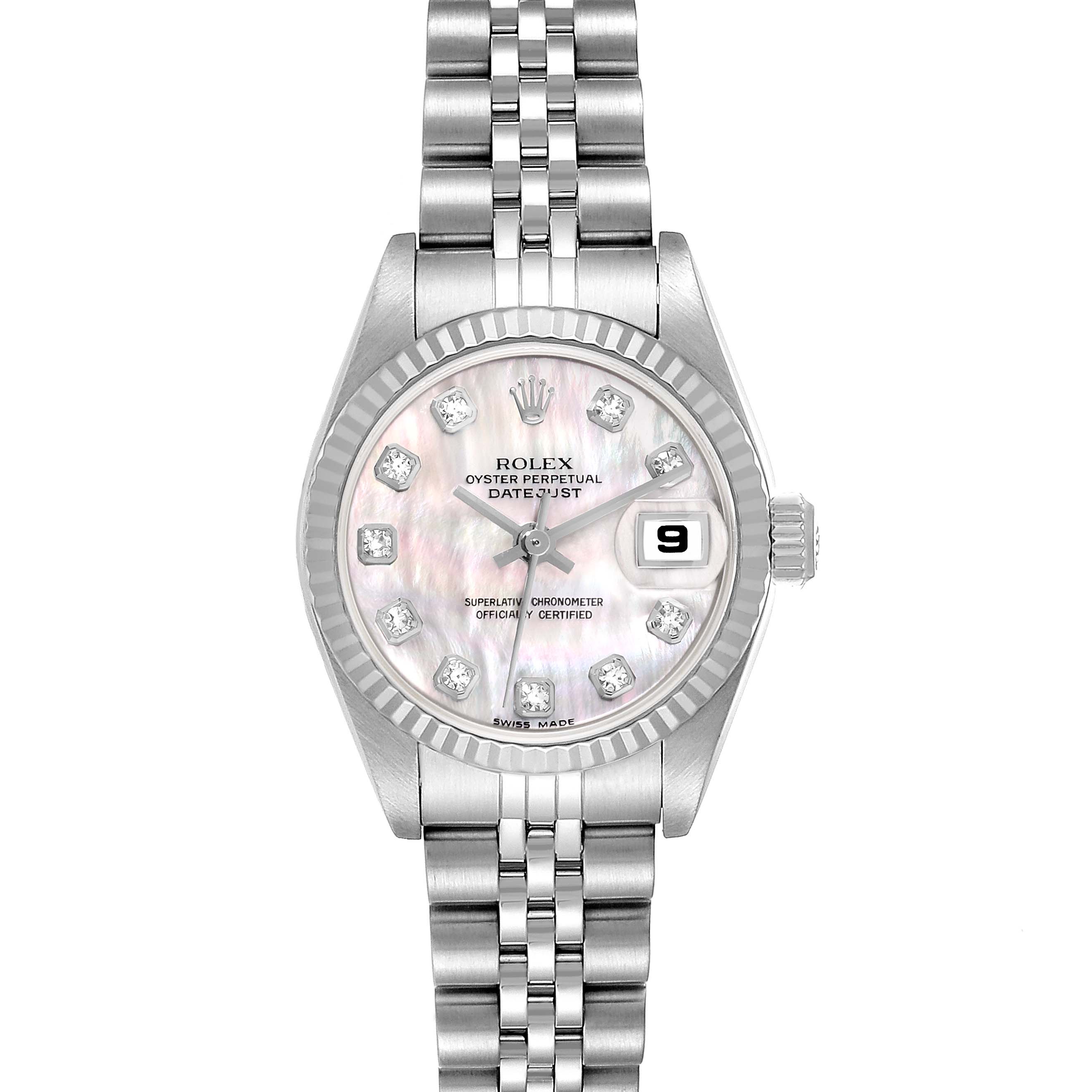 The image shows a front view of a Rolex Datejust 79174 Women's Stainless Steel Mother of Pearl Dial 79174 Women's Stainless Steel Mother of Pearl Dial watch, highlighting the face, bezel, and bracelet.