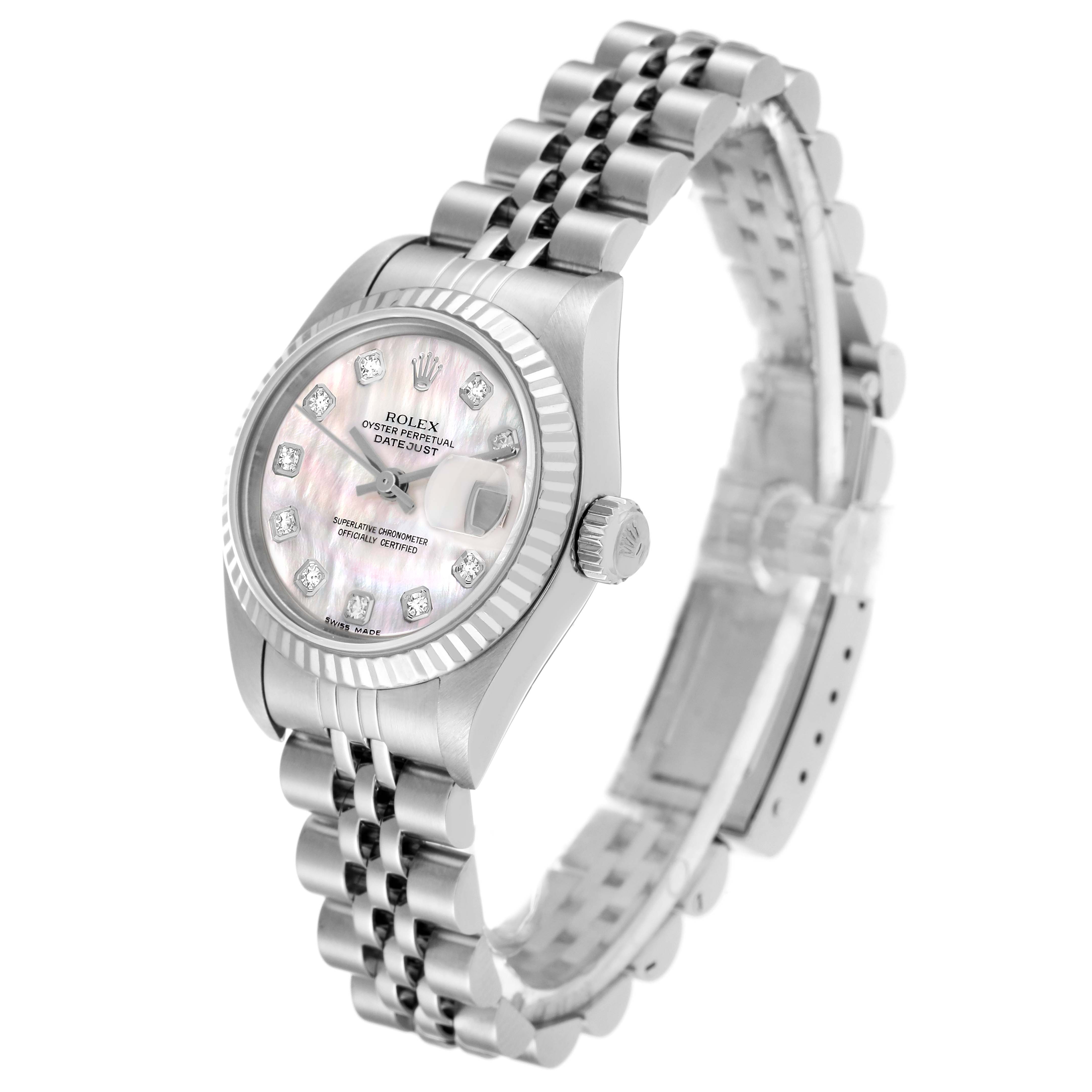 The image shows a side view of a Rolex Datejust 79174 Women's Stainless Steel Mother of Pearl Dial 79174 Women's Stainless Steel Mother of Pearl Dial watch, highlighting the dial, case, crown, and bracelet.
