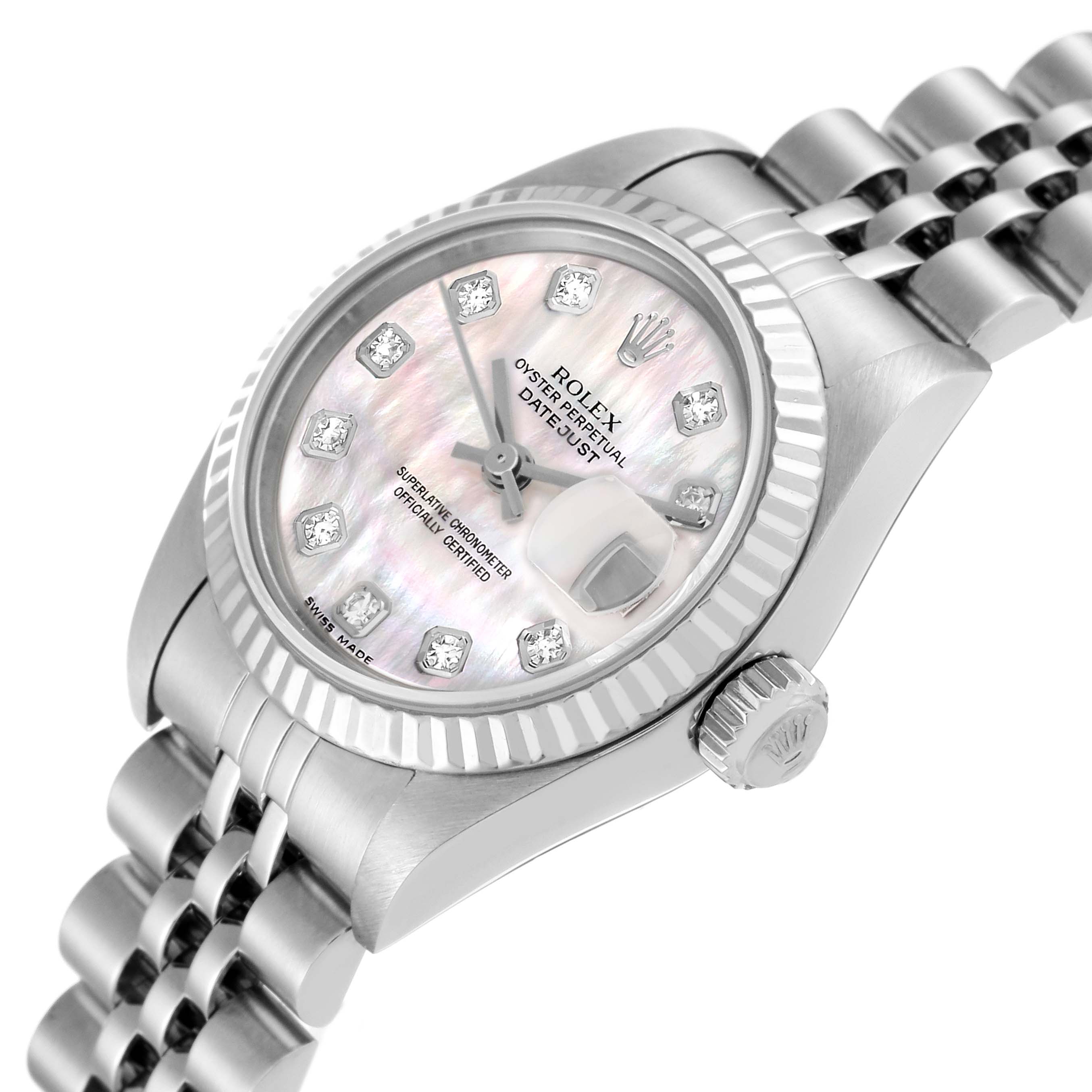The Rolex Datejust 79174 Women's Stainless Steel Mother of Pearl Dial 79174 Women's Stainless Steel Mother of Pearl Dial watch is shown at an angled view, displaying the face, crown, and part of the metal bracelet.