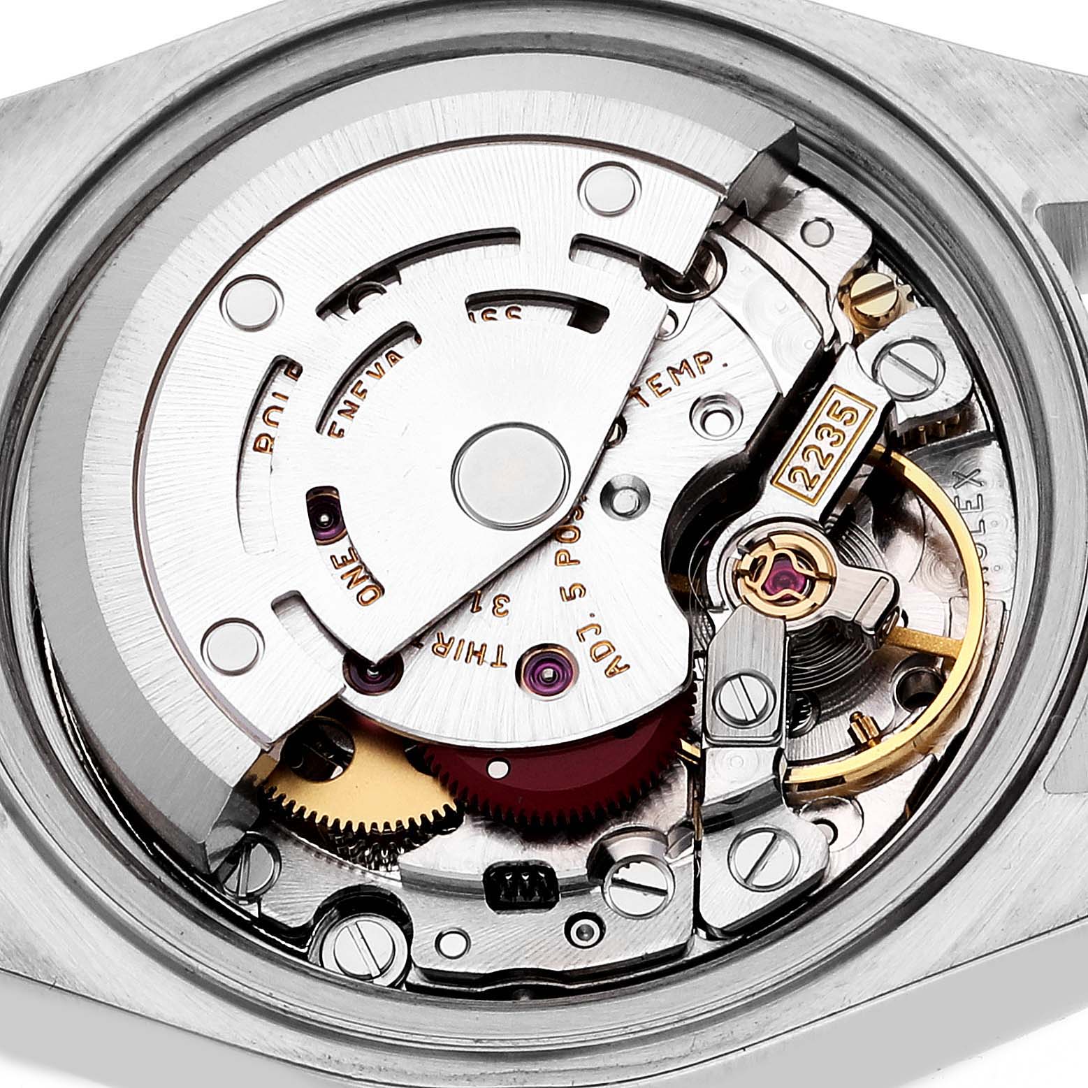 This image shows a detailed close-up of the movement mechanism of a Rolex Datejust 79174 Women's Stainless Steel Mother of Pearl Dial 79174 Women's Stainless Steel Mother of Pearl Dial watch from the back.