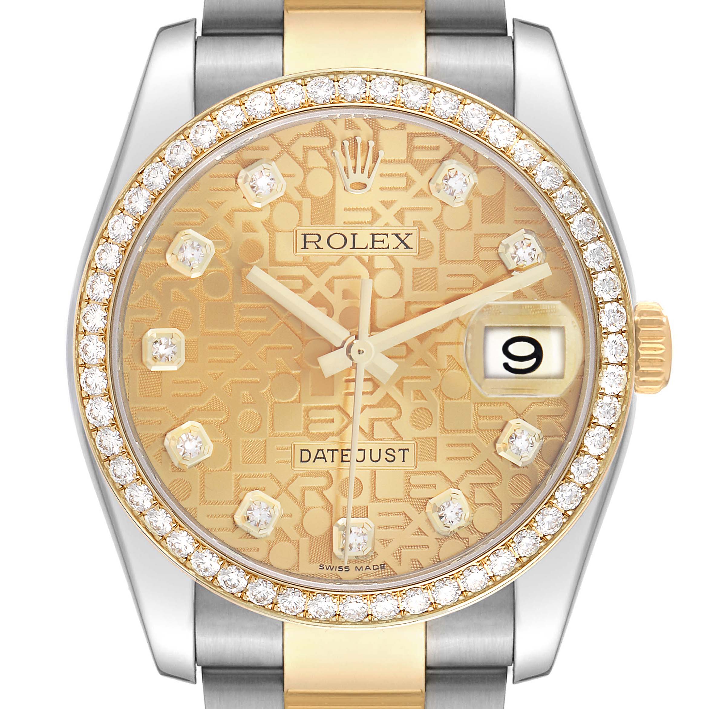 The Rolex Datejust 116243 Men's Steel and Gold (two tone) Champagne Dial watch is shown from a front angle, highlighting its gold patterned dial and diamond-studded bezel.