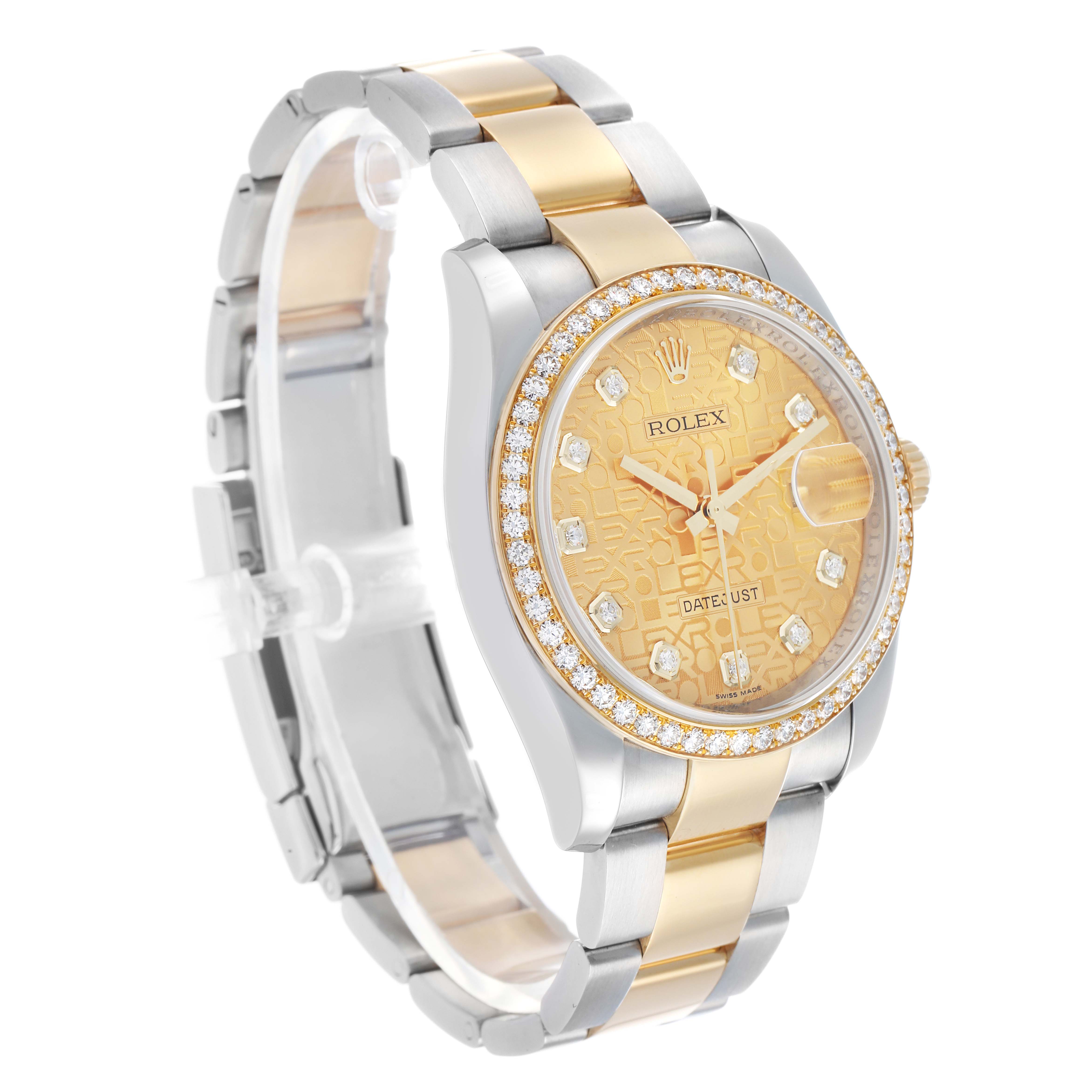 The Rolex Datejust 116243 Men's Steel and Gold (two tone) Champagne Dial watch is shown at a three-quarter angle, showcasing the bezel, dial, bracelet, and side of the case.