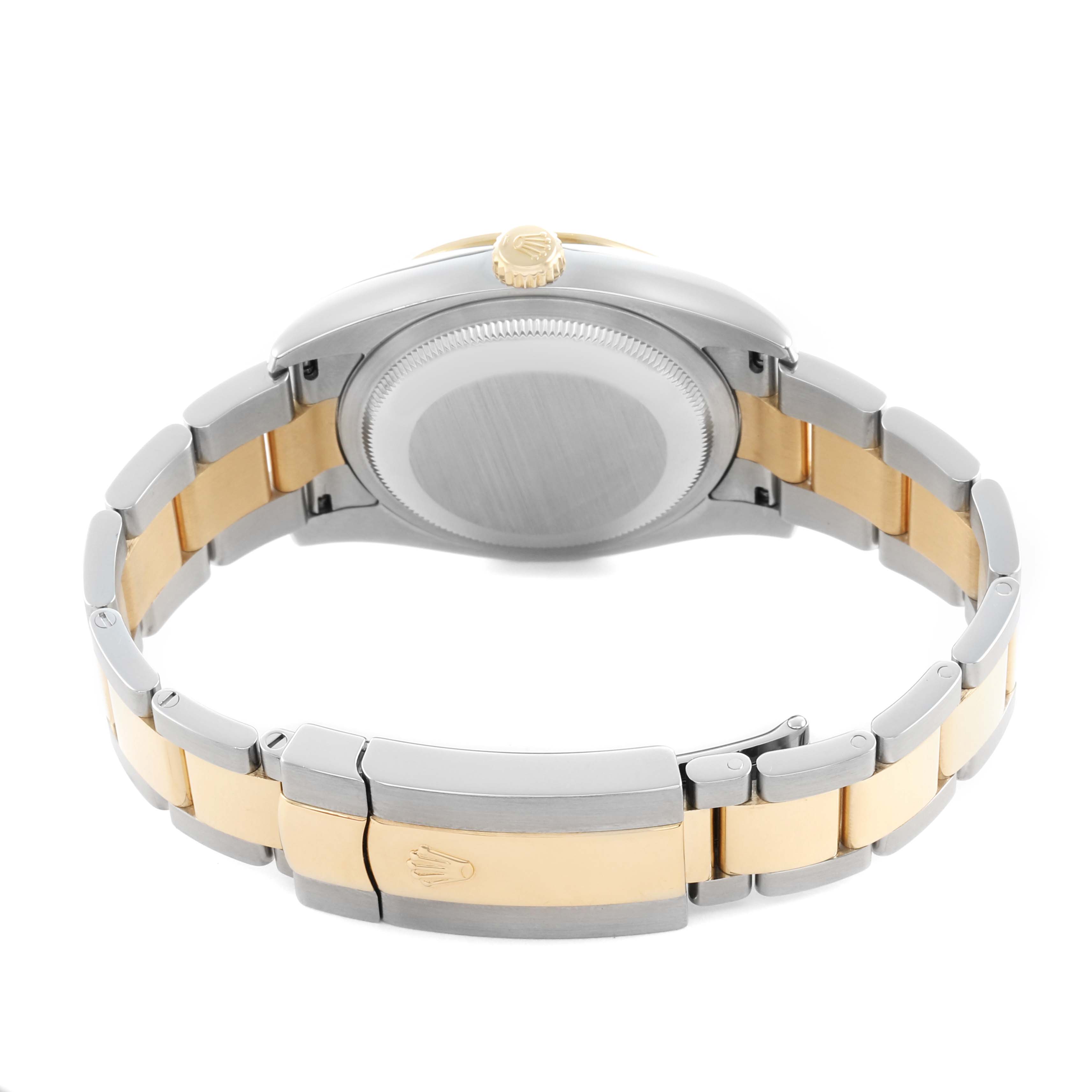 The image shows the back and bracelet of a Rolex Datejust 116243 Men's Steel and Gold (two tone) Champagne Dial, highlighting the two-tone Oyster bracelet and case back.