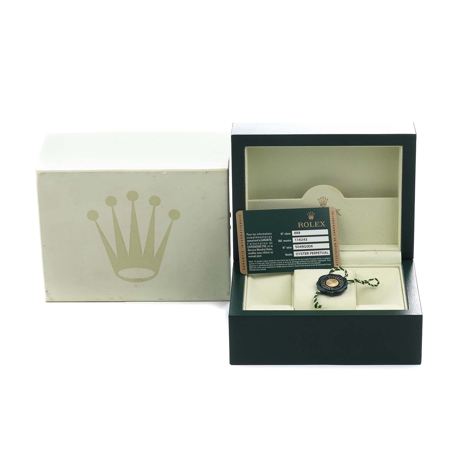 The image shows a Rolex Datejust 116243 Men's Steel and Gold (two tone) Champagne Dial box with a warranty card and tag visible inside.