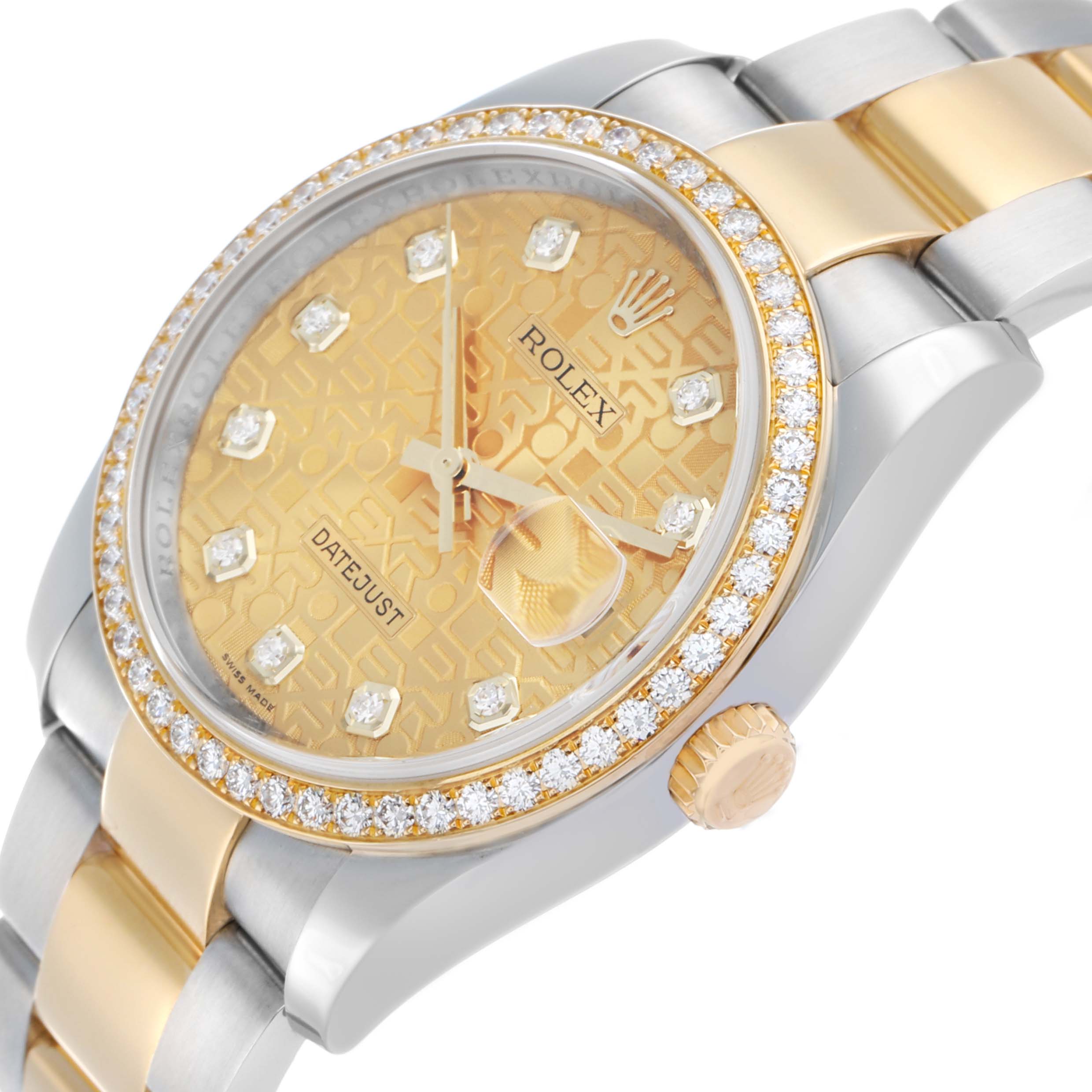 The Rolex Datejust 116243 Men's Steel and Gold (two tone) Champagne Dial watch is shown at an angle highlighting its gold patterned dial, diamond bezel, crown, and part of the bracelet.