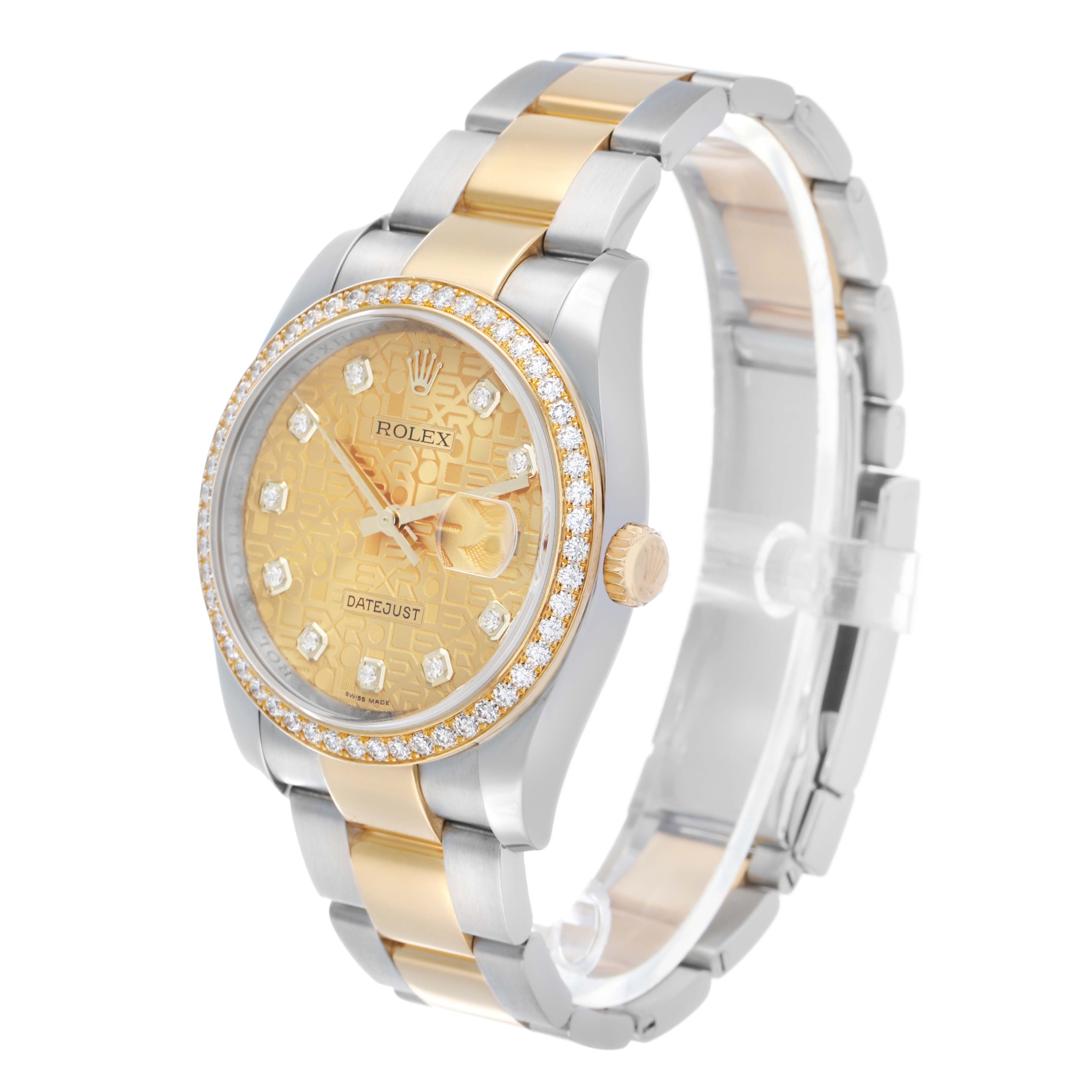 The Rolex Datejust 116243 Men's Steel and Gold (two tone) Champagne Dial watch is shown at a three-quarter angle, displaying the face, bezel, crown, and bracelet.