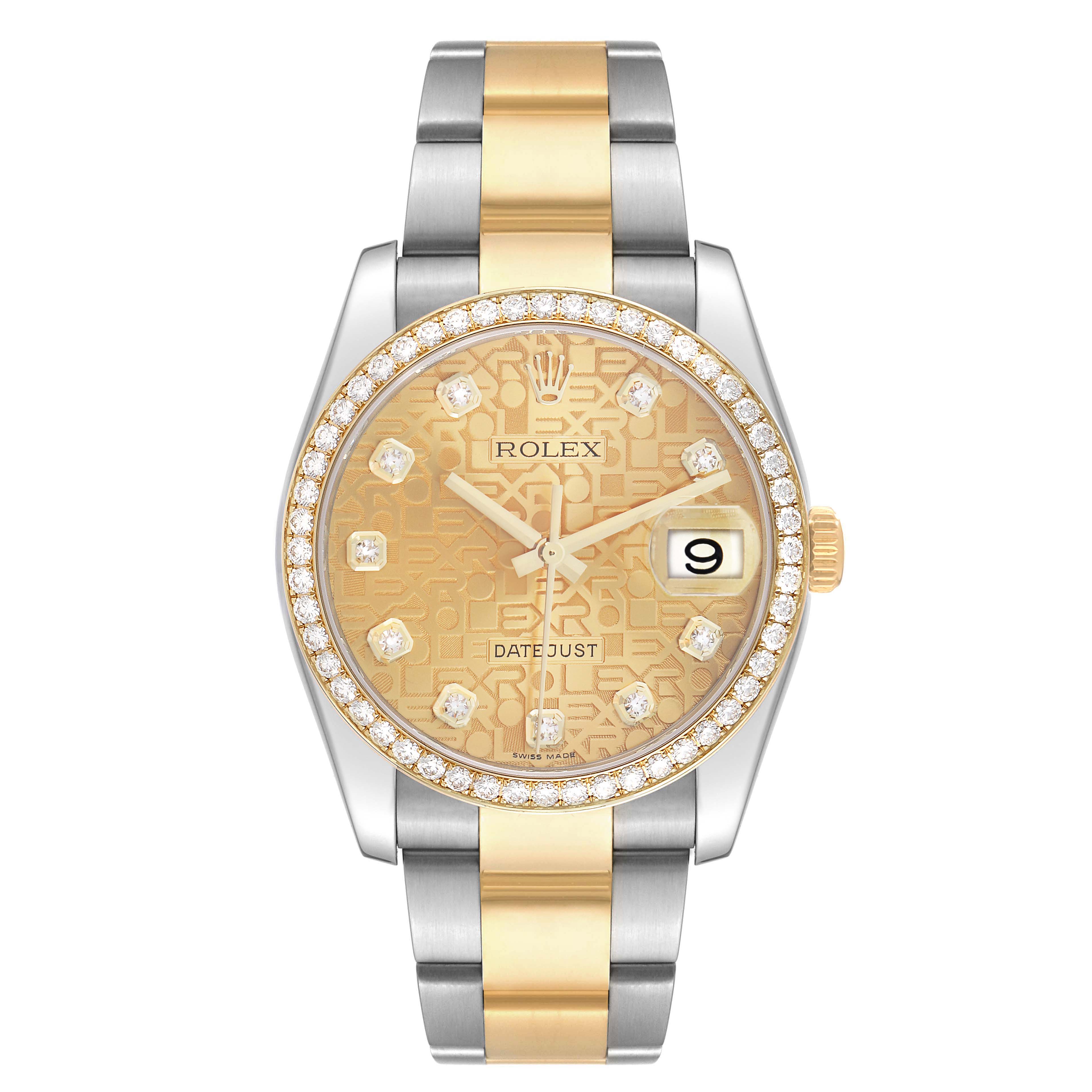The image shows a Rolex Datejust 116243 Men's Steel and Gold (two tone) Champagne Dial watch from a front view, highlighting the face, bezel, and bracelet.