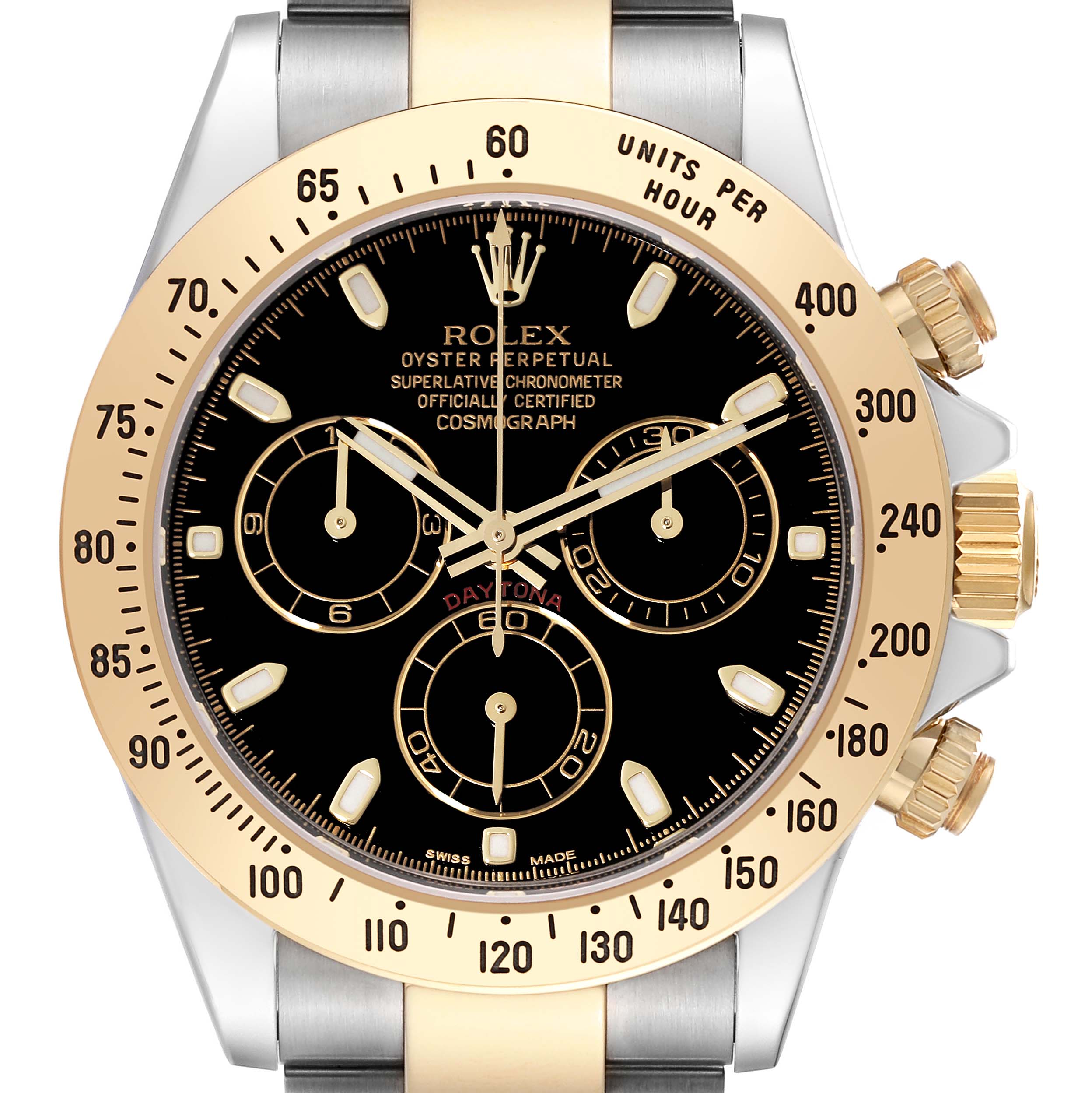 The image shows a frontal view of a Rolex Daytona 116523 Men's Steel and Gold (two tone) Black Dial 116523 Men's Steel and Gold (two tone) Black Dial watch, highlighting the dial, bezel, and chronograph features.