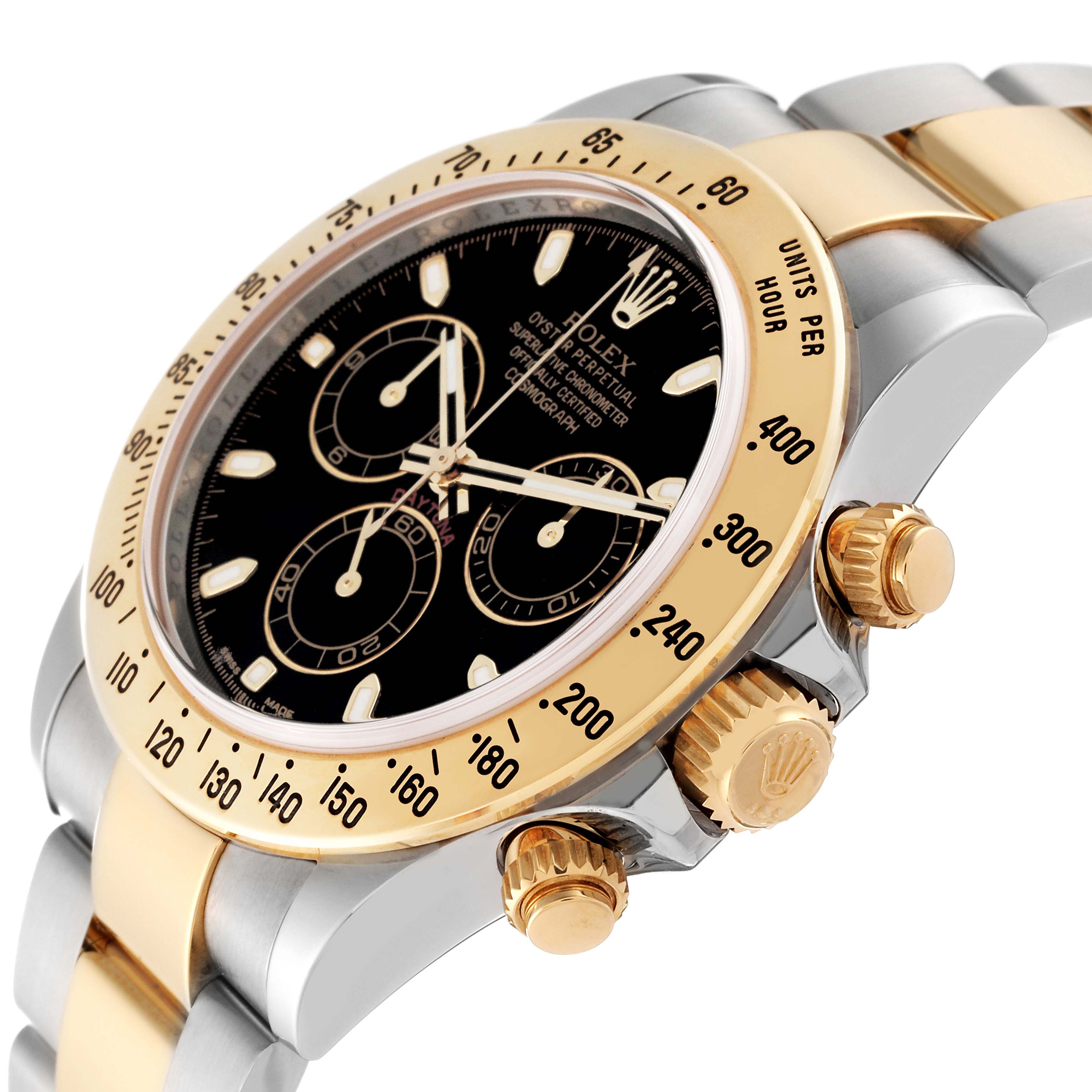 The image shows an angled view of a Rolex Daytona 116523 Men's Steel and Gold (two tone) Black Dial 116523 Men's Steel and Gold (two tone) Black Dial watch highlighting the face, bezel, and crown.