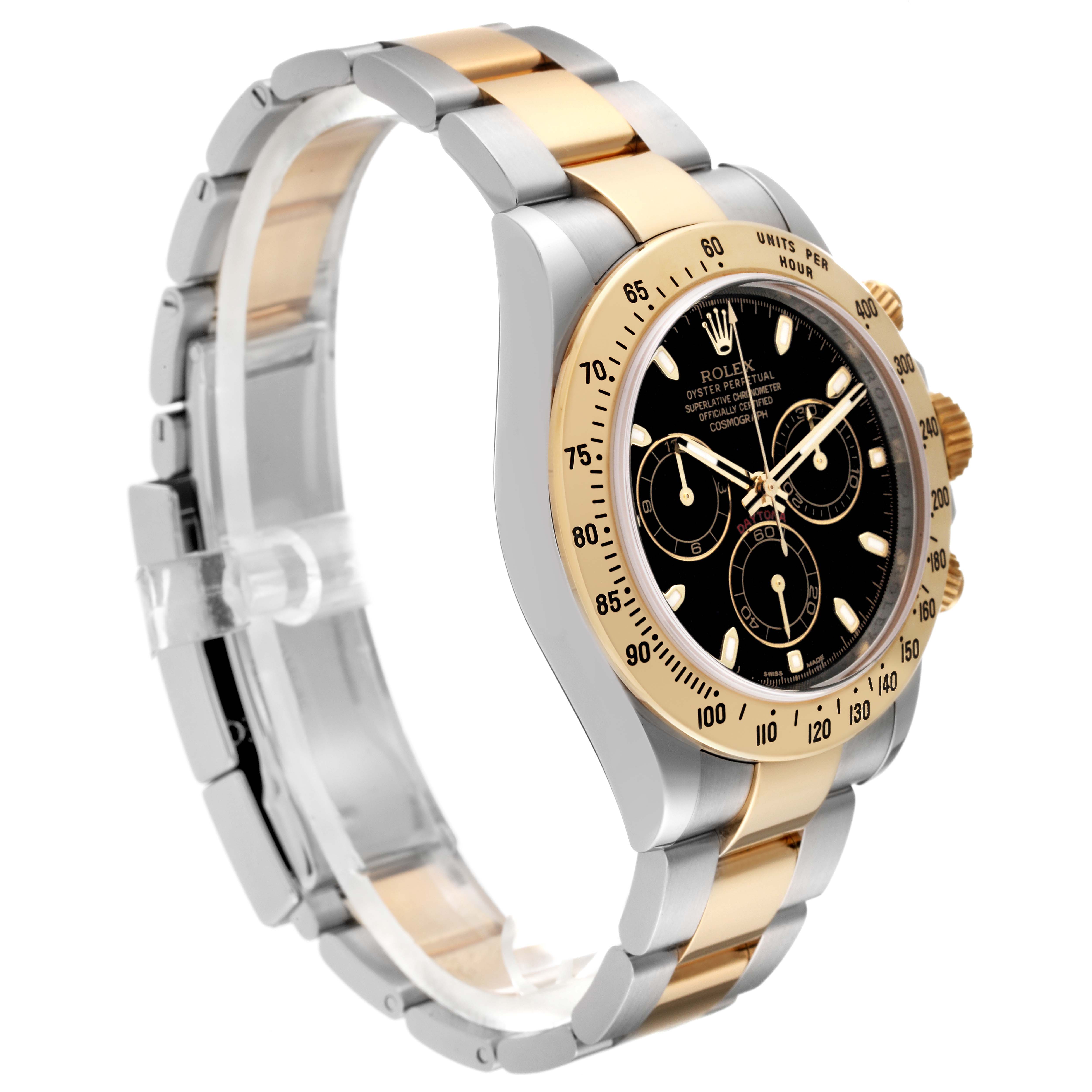 The image shows a Rolex Daytona 116523 Men's Steel and Gold (two tone) Black Dial 116523 Men's Steel and Gold (two tone) Black Dial model watch at a three-quarter angle, highlighting its gold and silver bracelet, bezel, and black dial.