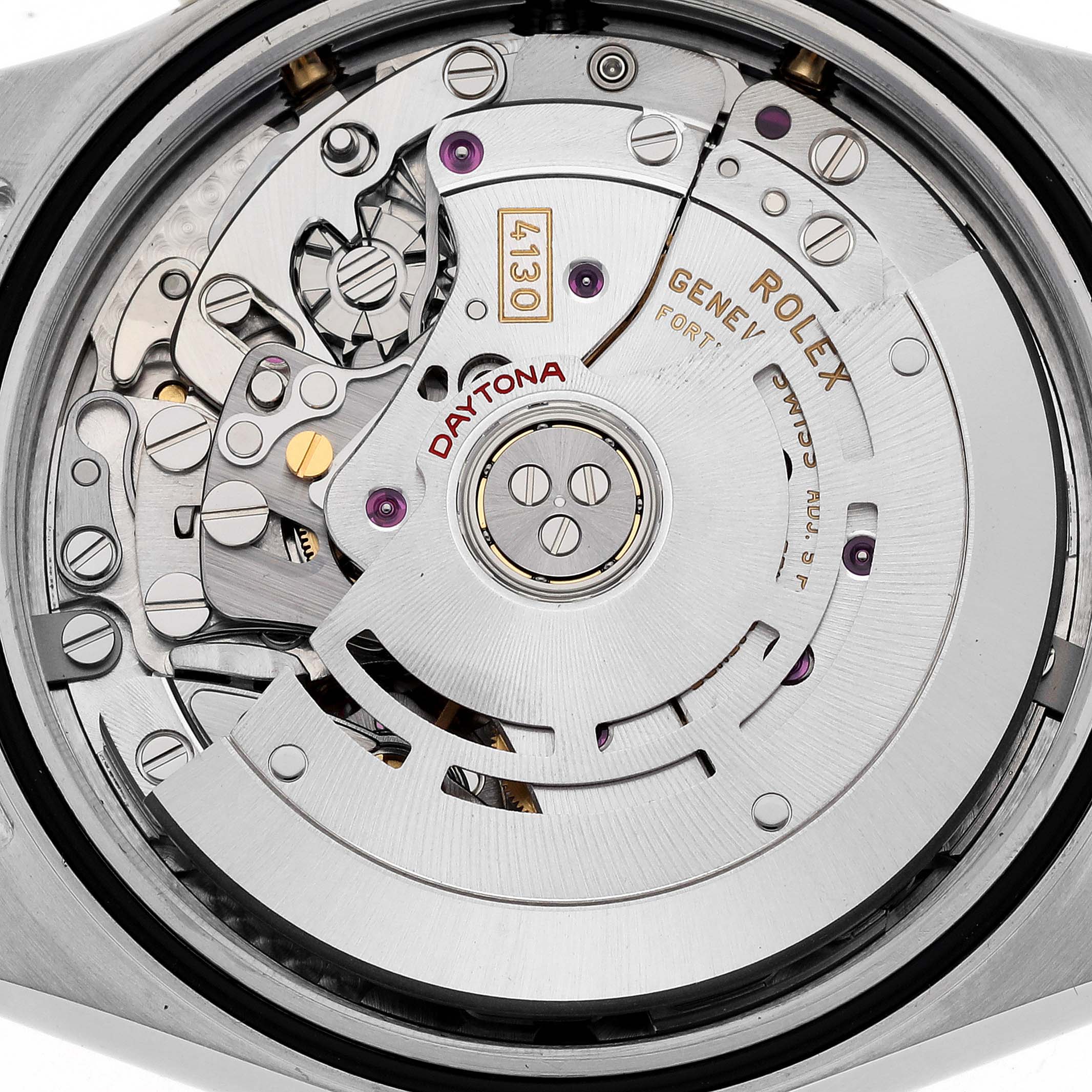This image shows the inner workings and mechanism of the Rolex Daytona 116523 Men's Steel and Gold (two tone) Black Dial 116523 Men's Steel and Gold (two tone) Black Dial watch from a close-up angle.