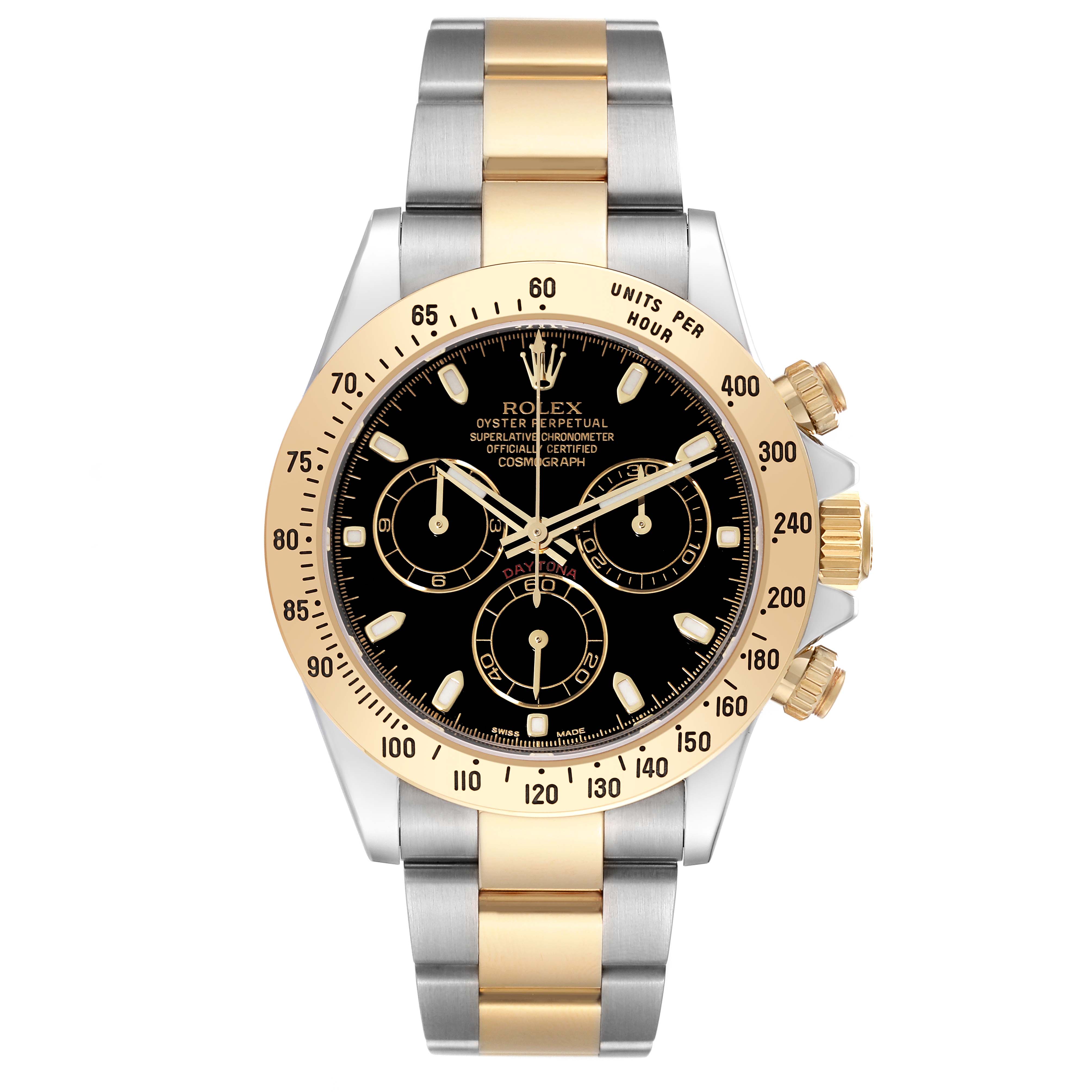 This image shows a front view of a Rolex Daytona 116523 Men's Steel and Gold (two tone) Black Dial 116523 Men's Steel and Gold (two tone) Black Dial watch, highlighting the gold bezel, chronograph dials, and two-tone metal bracelet.