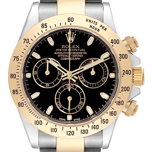 The image shows a front view of a Rolex Daytona watch, highlighting its black dial, three subdials, and gold and stainless steel bezel.