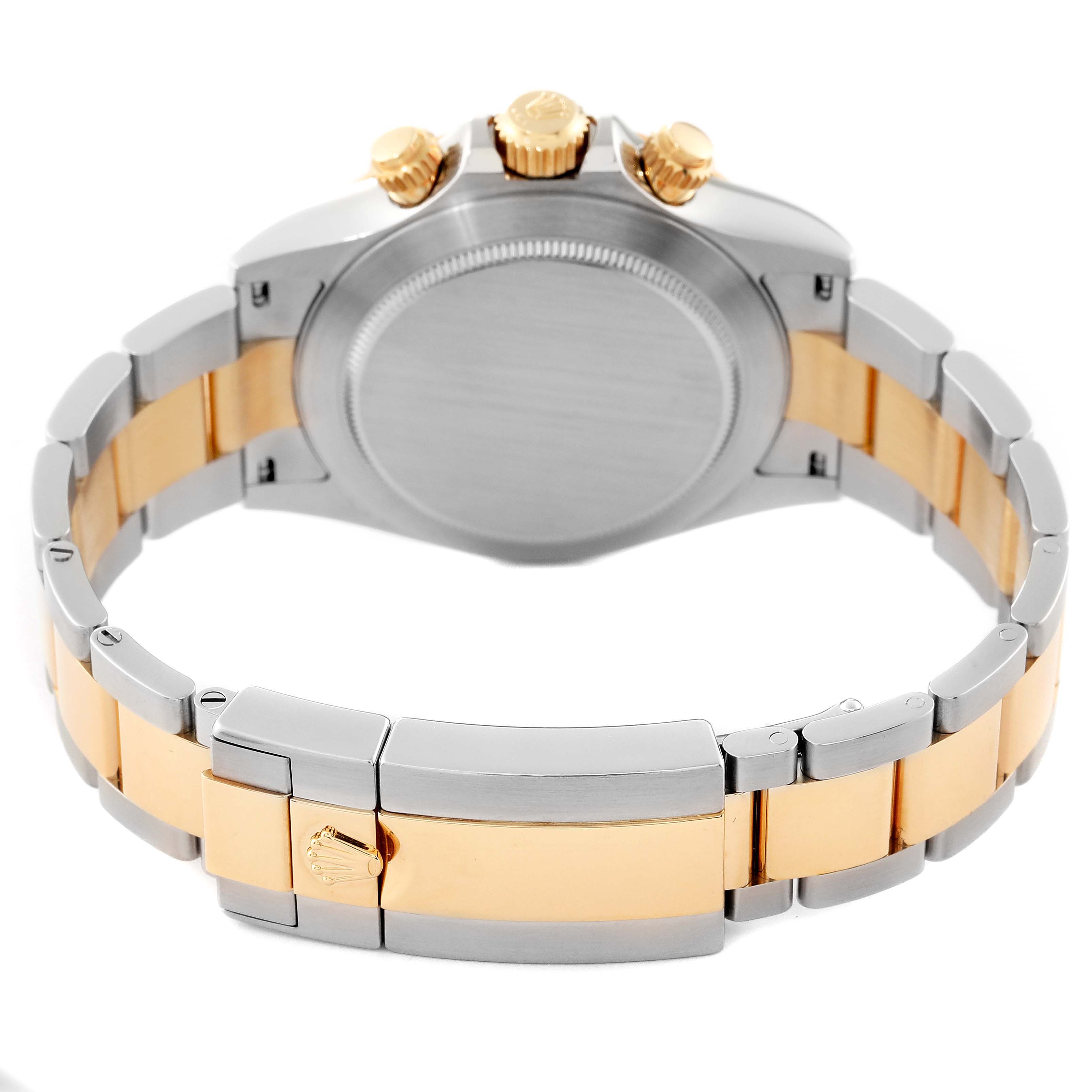 This image shows the back and clasp of a Rolex Daytona 116523 Men's Steel and Gold (two tone) Black Dial 116523 Men's Steel and Gold (two tone) Black Dial watch, highlighting its two-tone metal bracelet and crown.