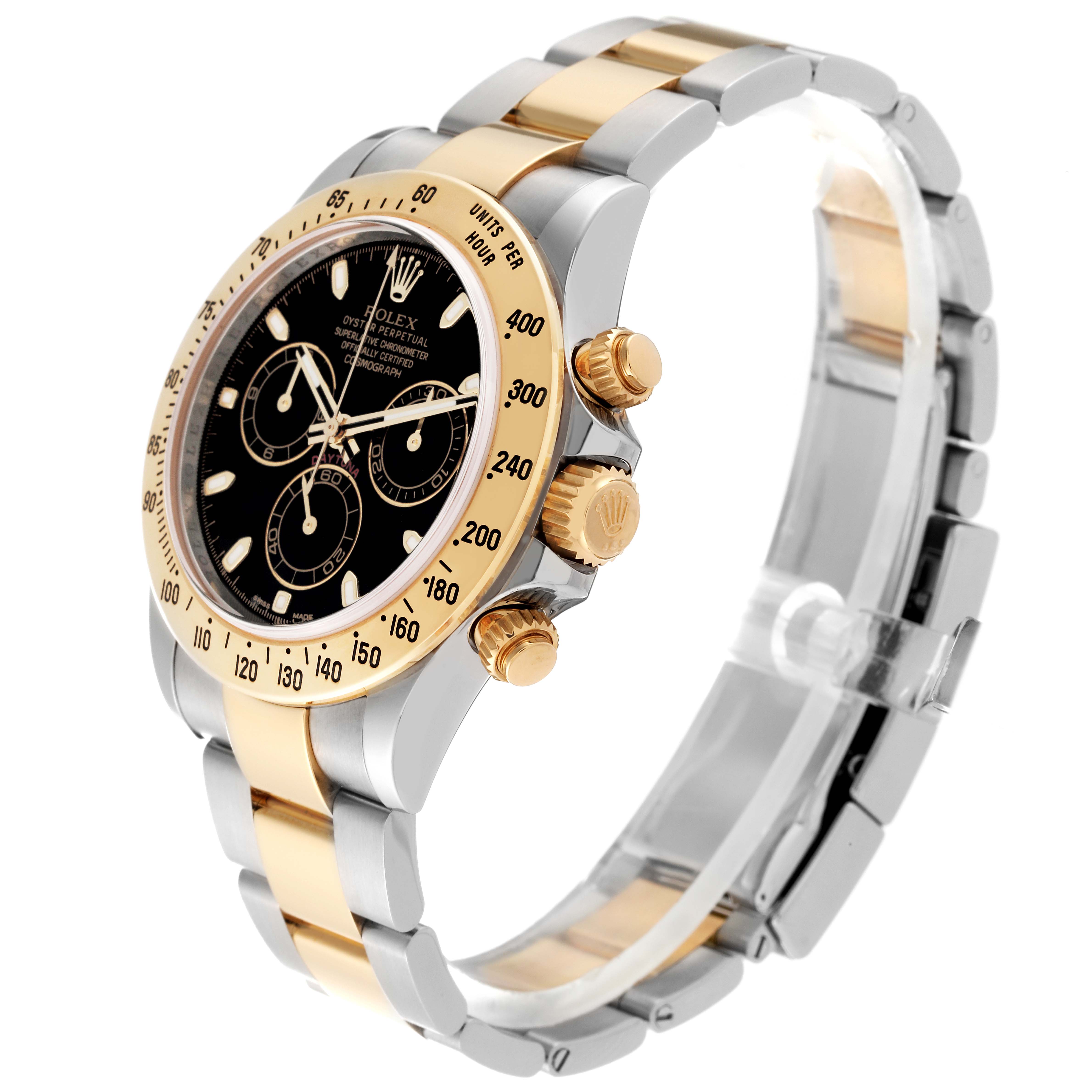 This image shows a side angle of a Rolex Daytona 116523 Men's Steel and Gold (two tone) Black Dial 116523 Men's Steel and Gold (two tone) Black Dial watch, highlighting the bezel, crown, pushers, and two-tone bracelet.