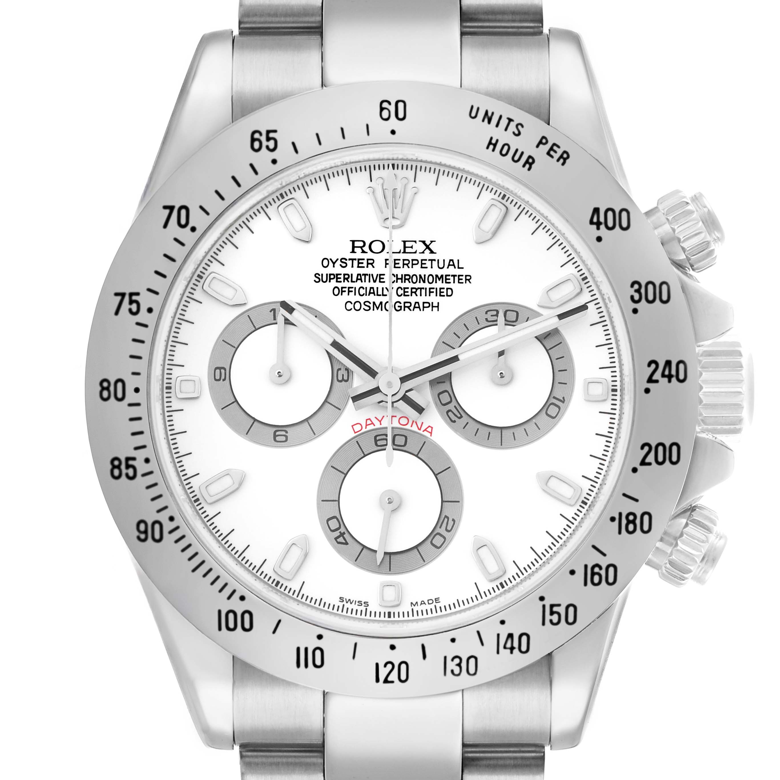 The Rolex Daytona 116520 Men's Stainless Steel White Dial watch is shown from a front view, highlighting the dial, subdials, bezel, and crown.