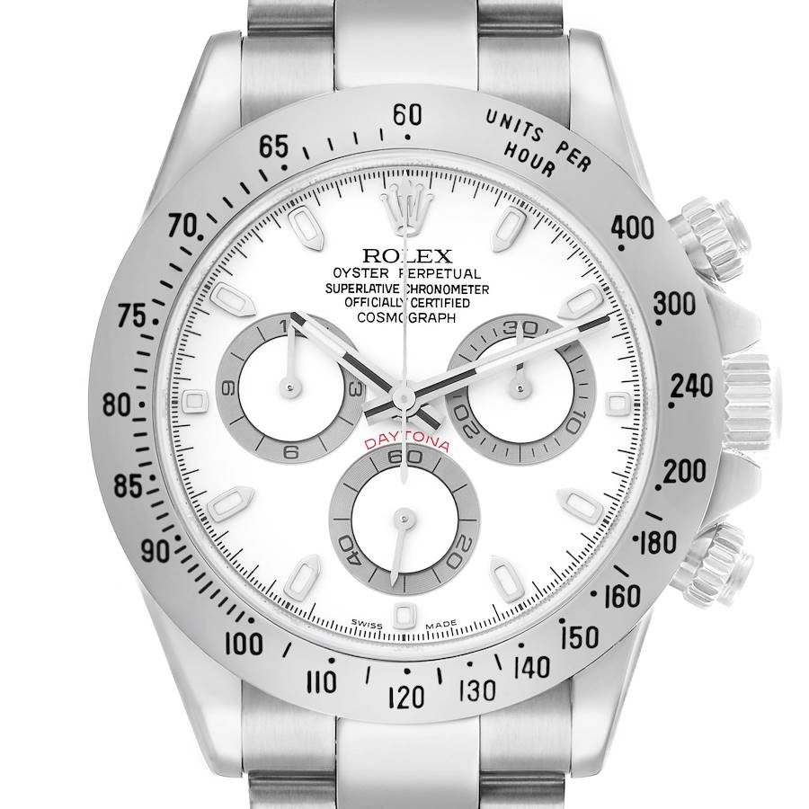 The Rolex Daytona 116520 Men's Stainless Steel White Dial watch is shown from a front view, highlighting the dial, subdials, bezel, and crown.