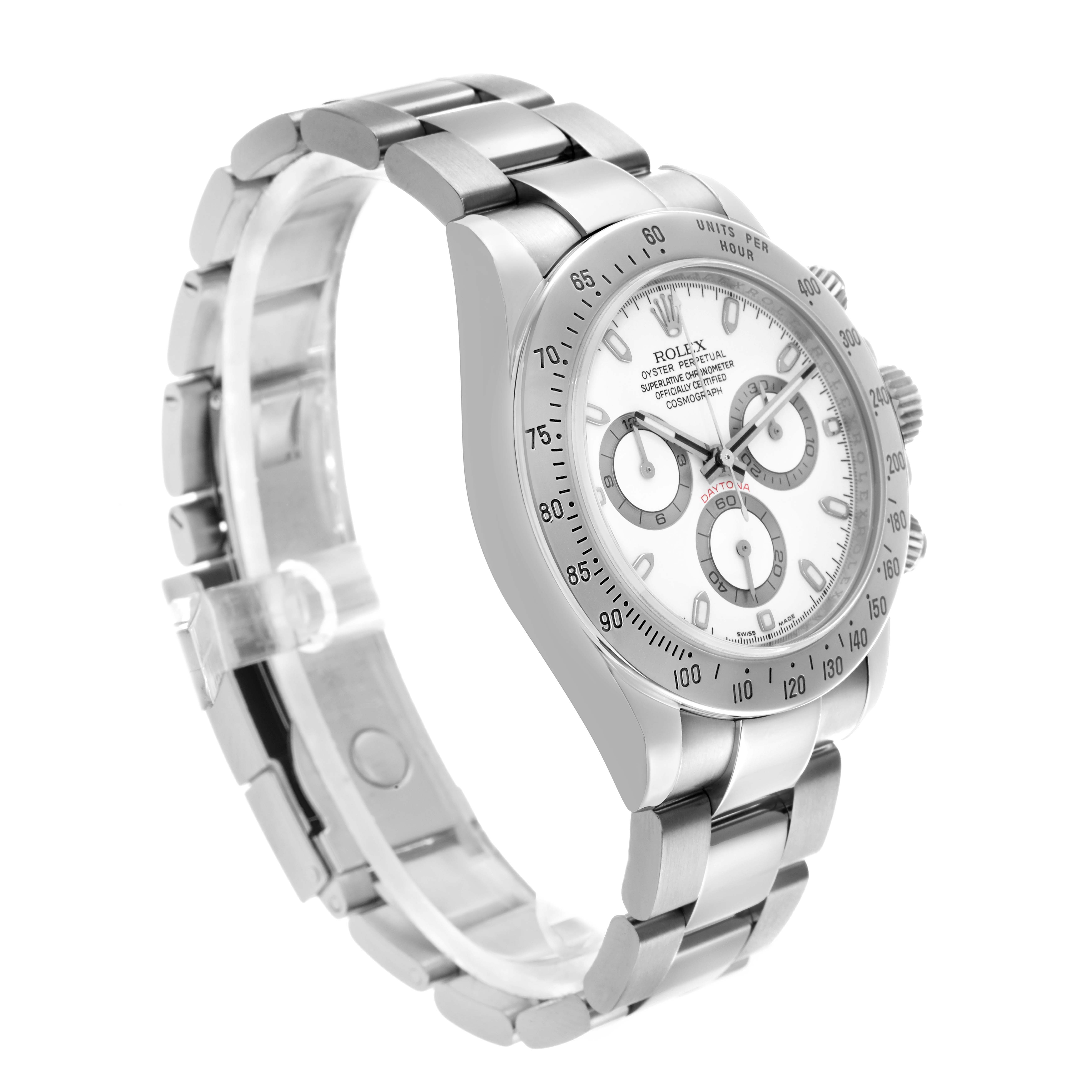 The Rolex Daytona 116520 Men's Stainless Steel White Dial model is shown from a front angle, displaying the dial, bezel, and part of the bracelet.