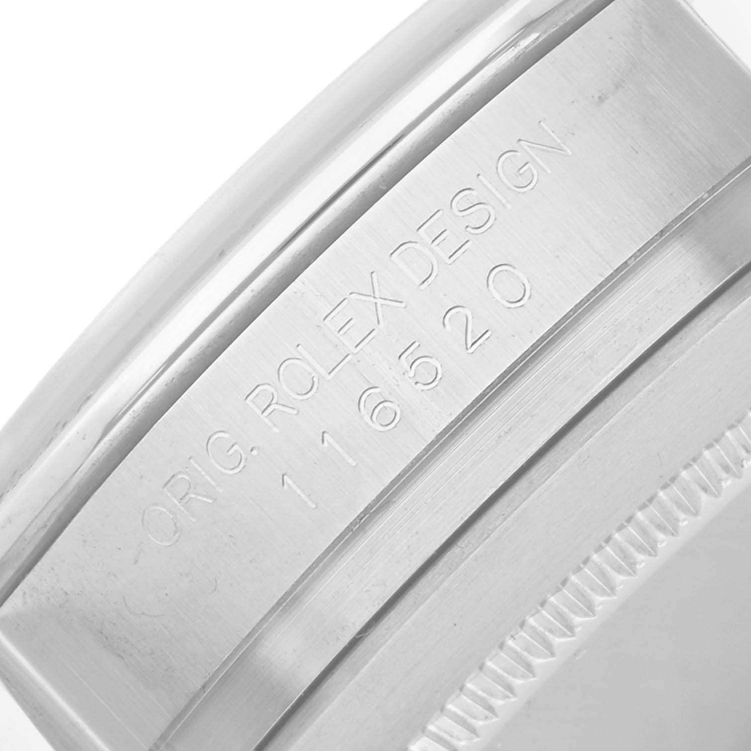 The image shows the engraved case side of a Rolex Daytona 116520 Men's Stainless Steel White Dial, focusing on design details and model number.