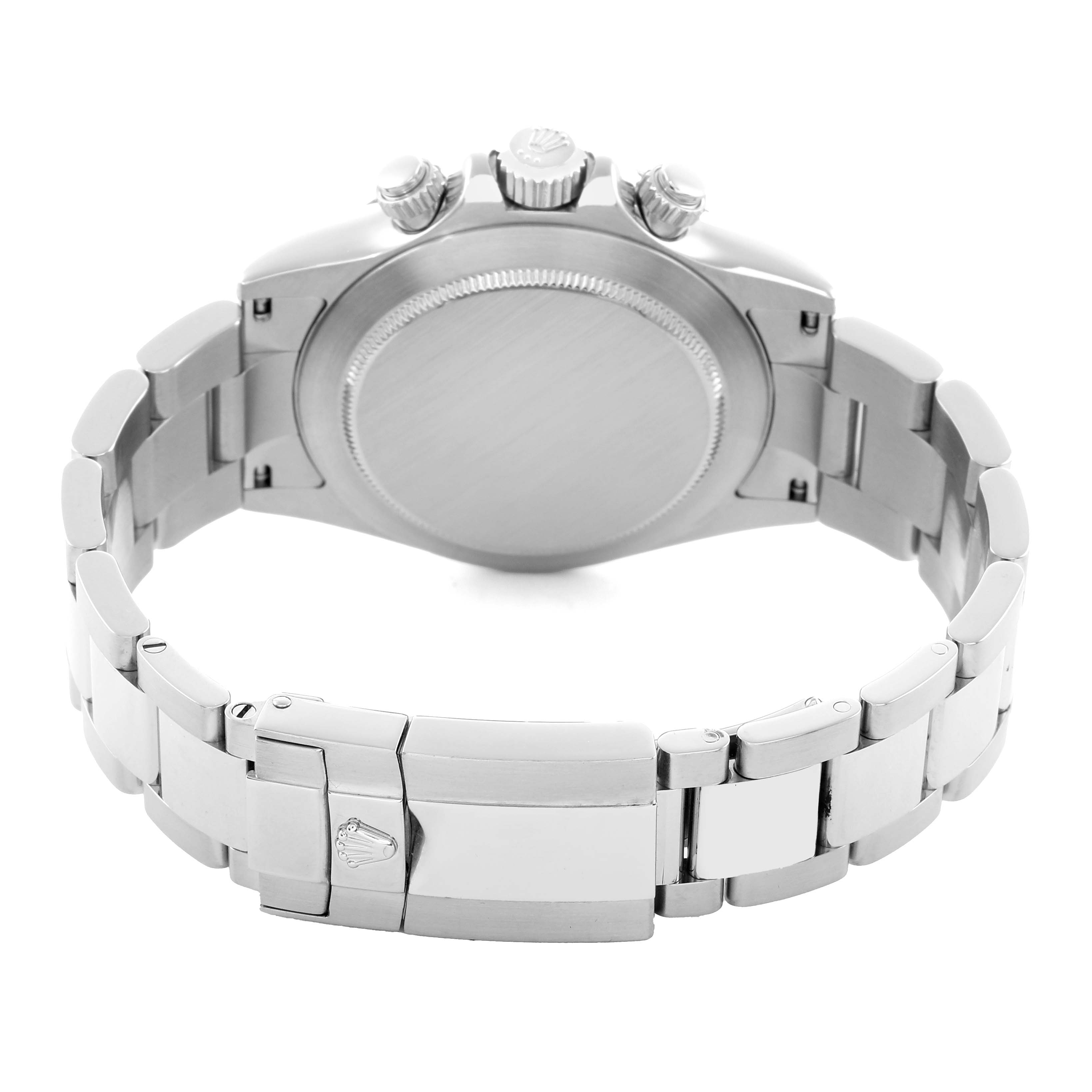 The image shows the back view of a Rolex Daytona 116520 Men's Stainless Steel White Dial watch, highlighting its clasp, bracelet, and case back.