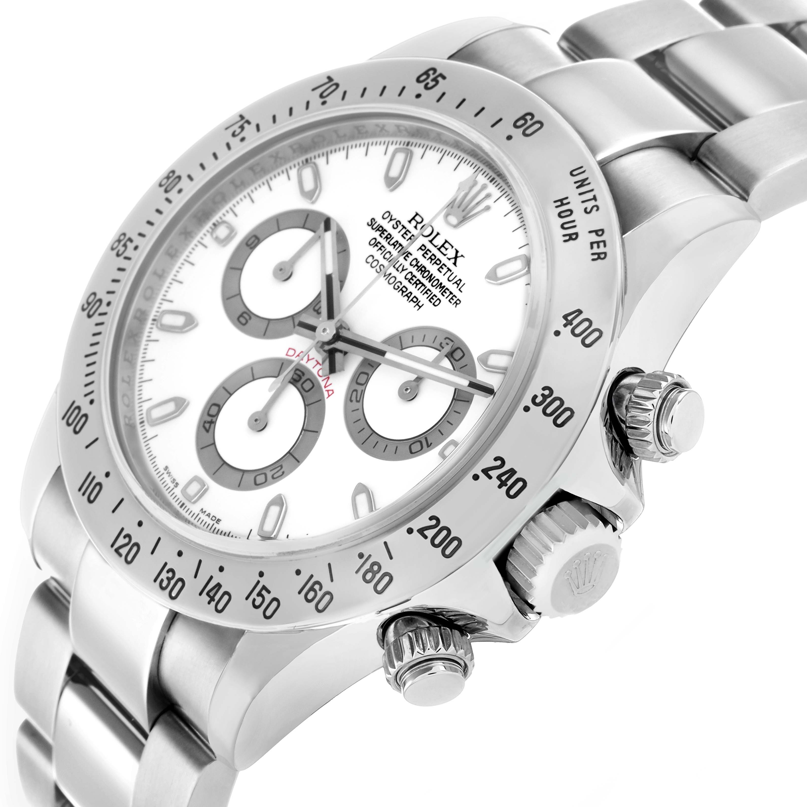 The Rolex Daytona 116520 Men's Stainless Steel White Dial watch is shown at a slight angle, displaying its face, bezel, pushers, and part of the bracelet.