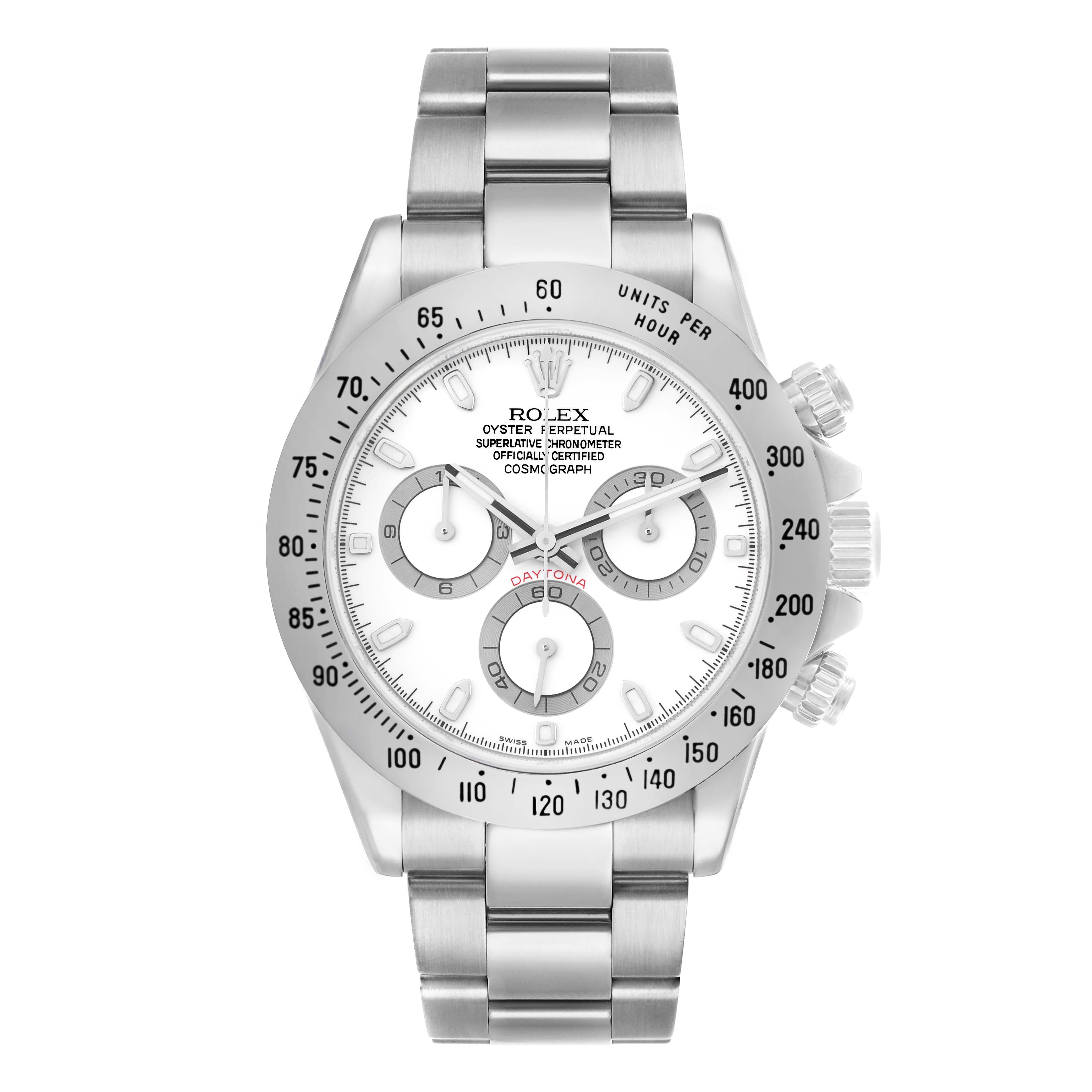 The Rolex Daytona 116520 Men's Stainless Steel White Dial watch is shown from the front, displaying its dial, bezel, and stainless steel bracelet.