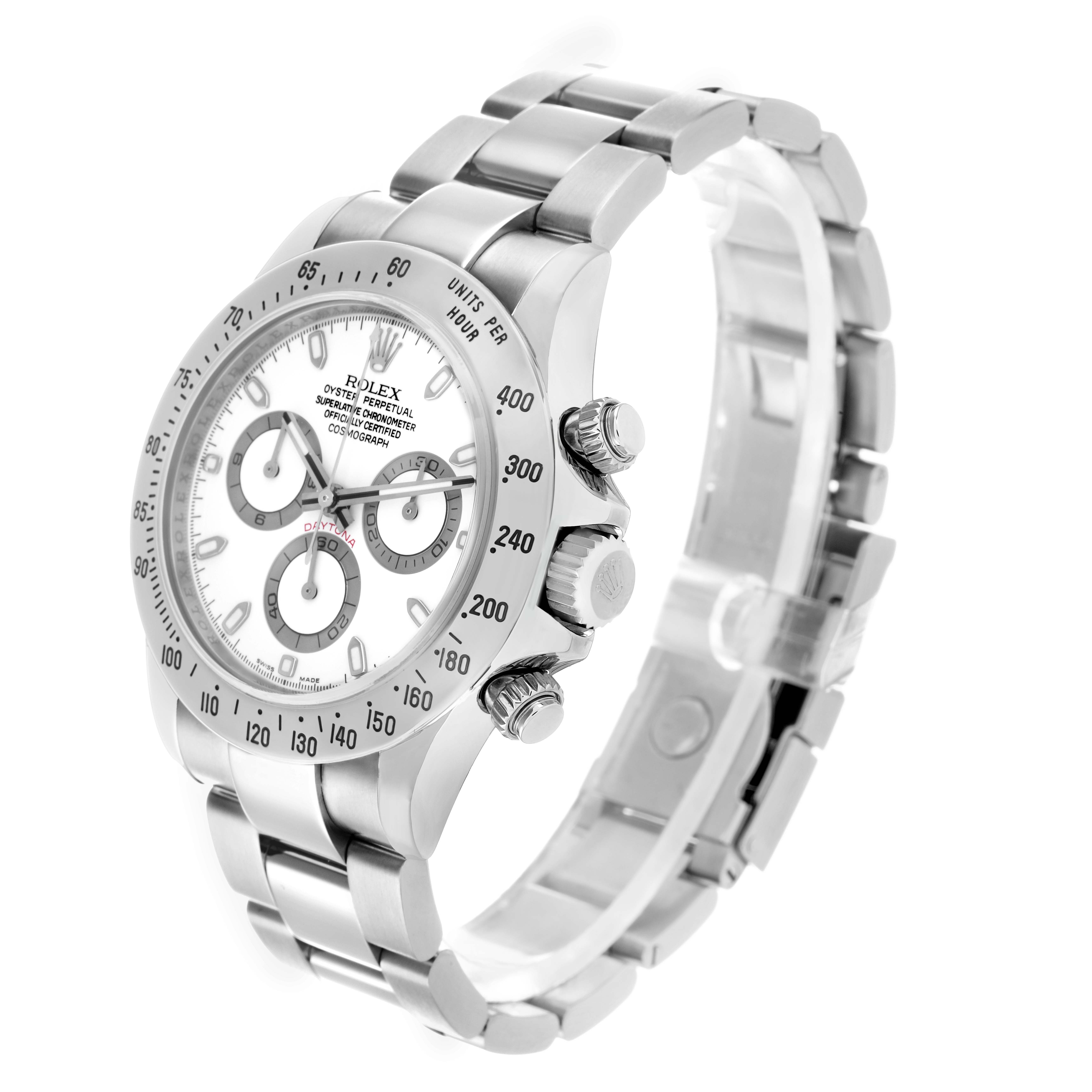 The Rolex Daytona 116520 Men's Stainless Steel White Dial watch is shown at a three-quarter angle with the dial, bezel, and bracelet prominently visible.