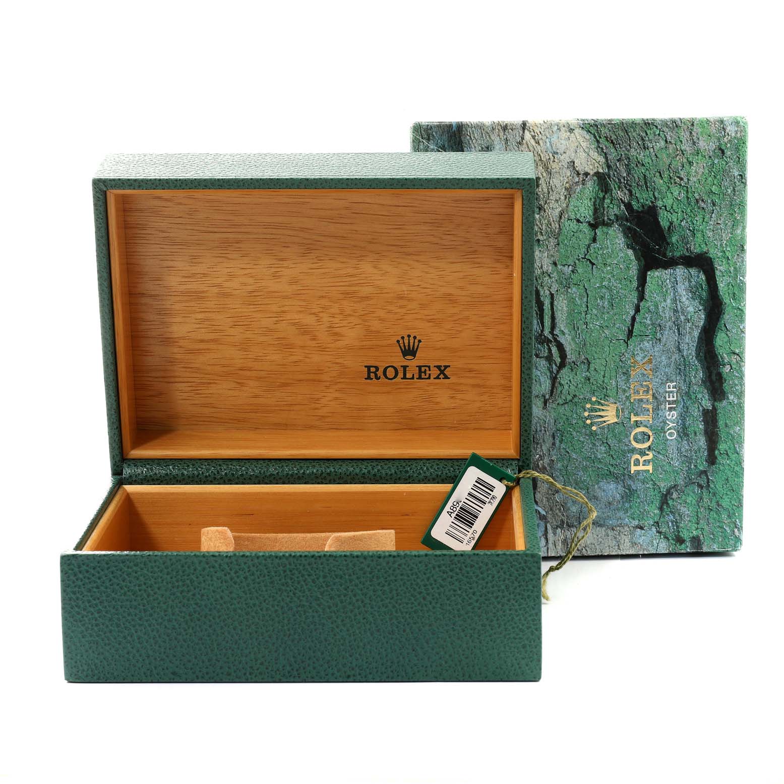 The image shows the opened box and outer packaging of a Rolex Explorer 16570 Men
s Stainless Steel White Dial 16570 Men
s Stainless Steel White Dial watch, highlighting the brand
s logo and inner lining.