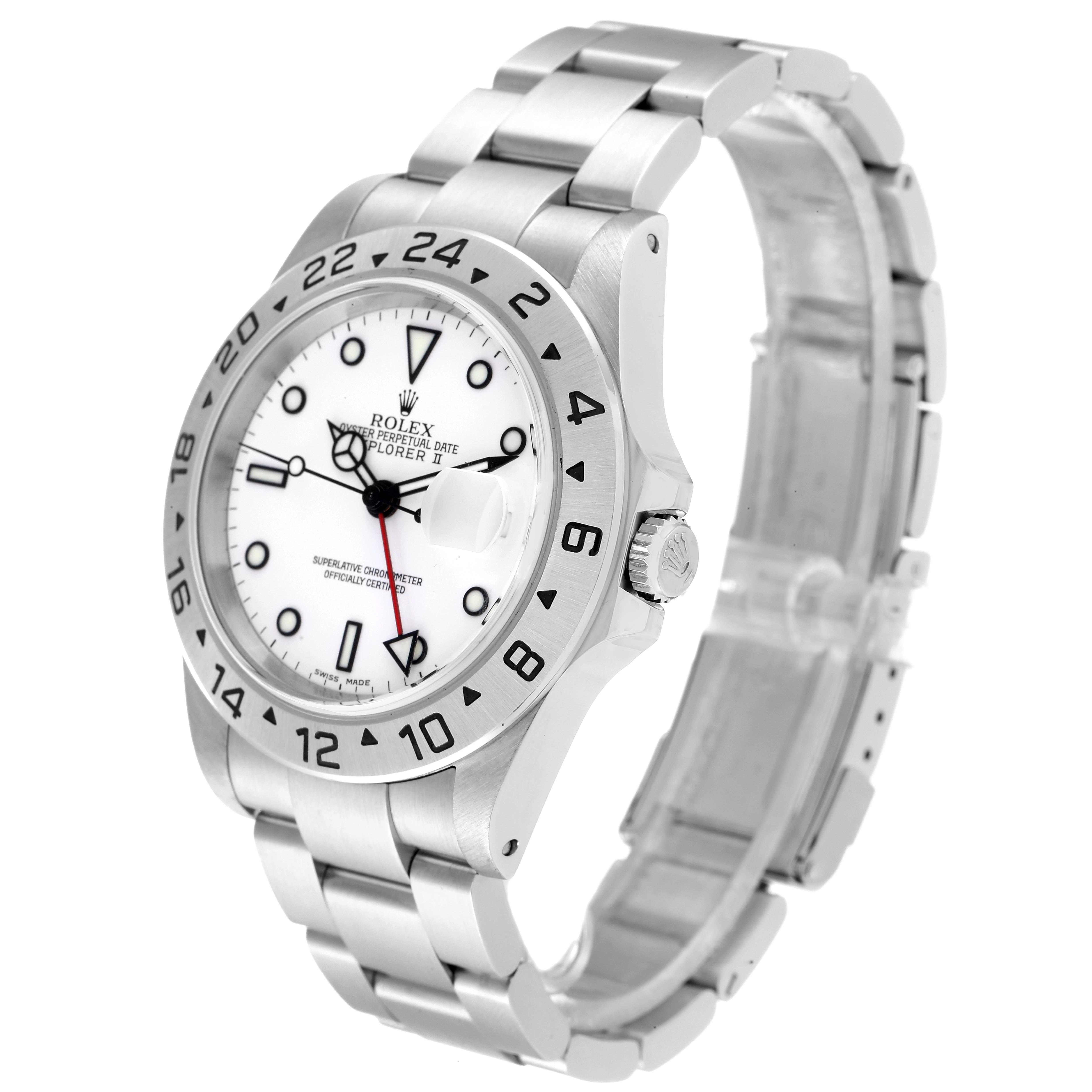The image shows a side angle of a Rolex Explorer 16570 Men
s Stainless Steel White Dial 16570 Men
s Stainless Steel White Dial watch, displaying the bezel, dial, crown, and bracelet.