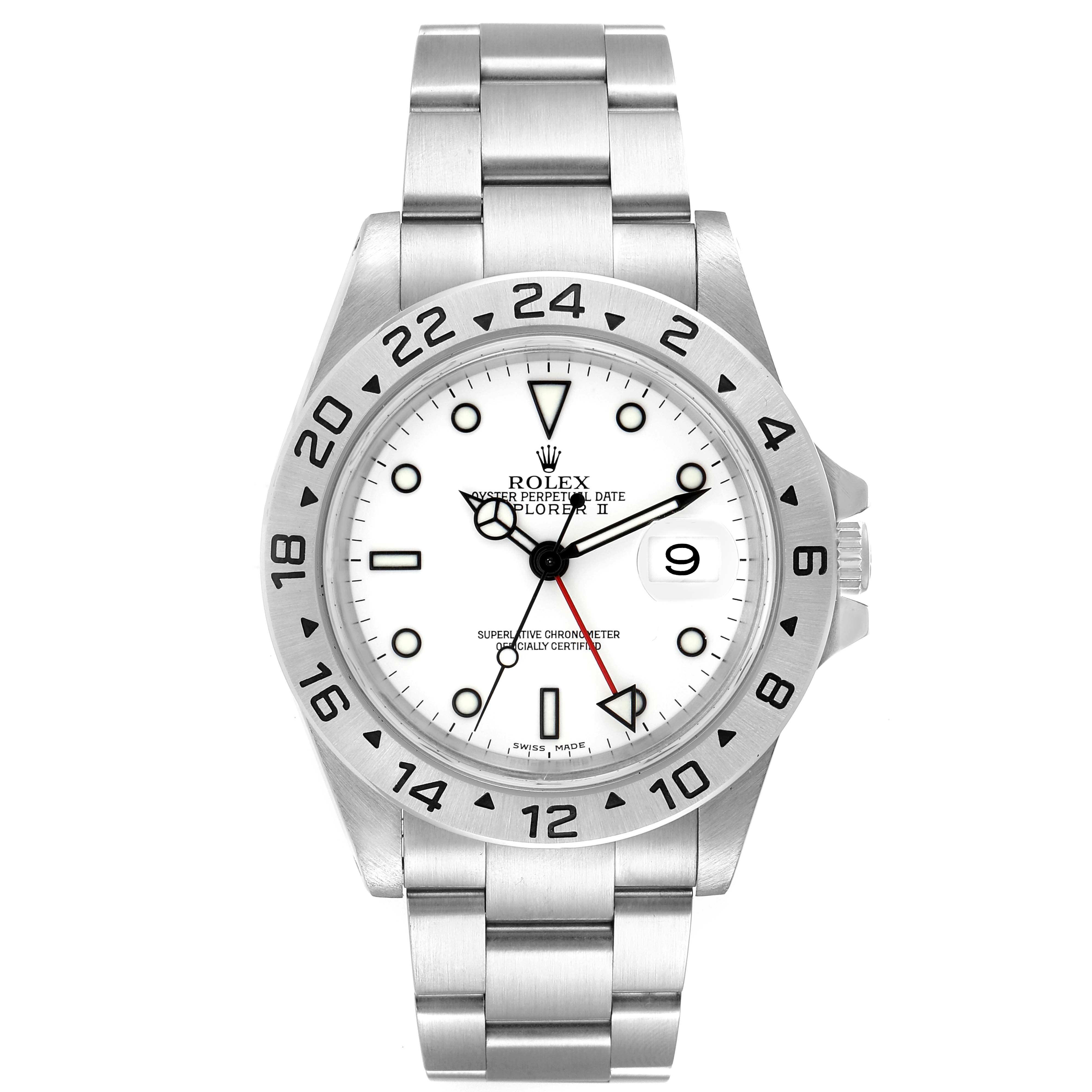This is a frontal view of the Rolex Explorer 16570 Men
s Stainless Steel White Dial 16570 Men
s Stainless Steel White Dial watch, showing the dial, bezel, hands, and bracelet.