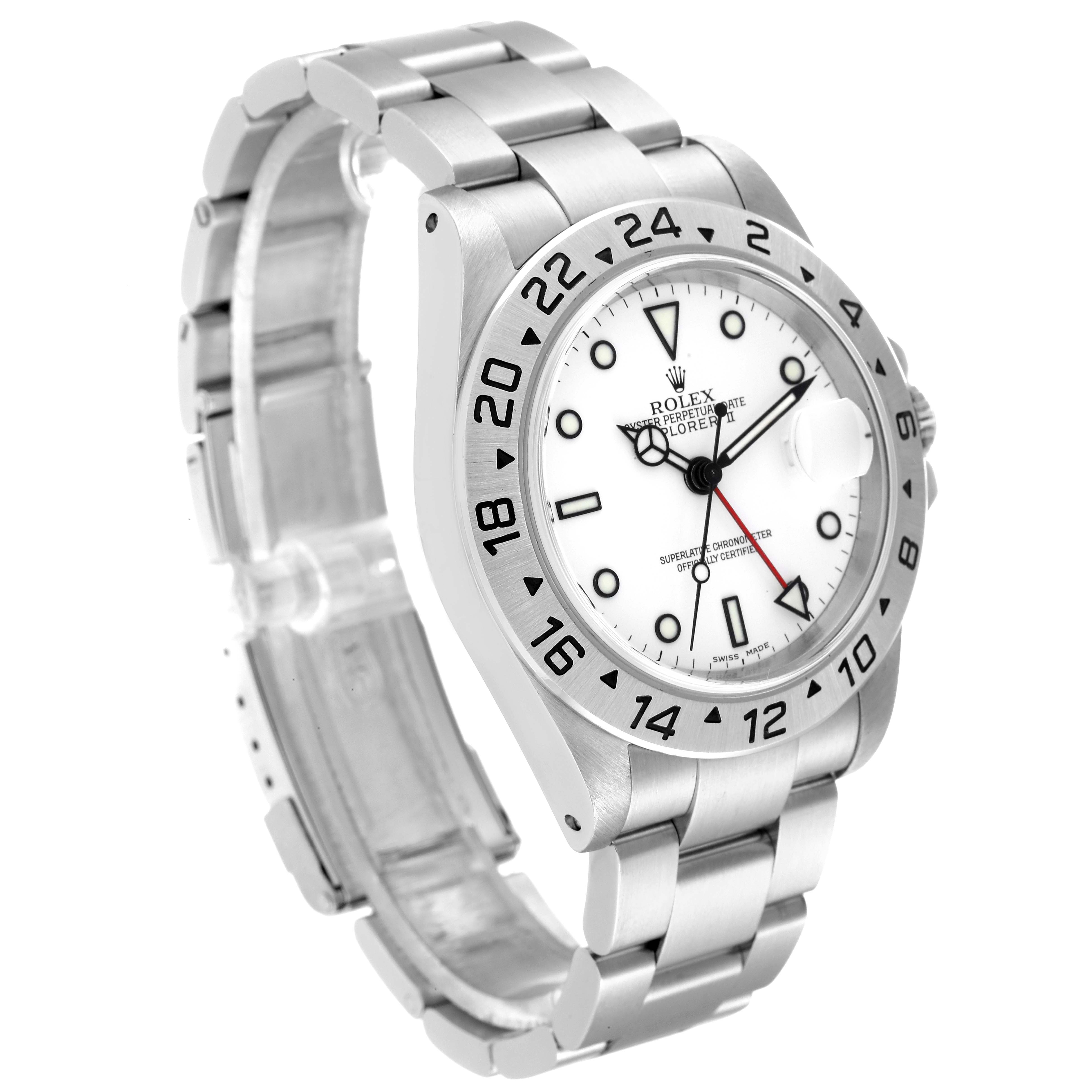 The image shows a Rolex Explorer 16570 Men
s Stainless Steel White Dial 16570 Men
s Stainless Steel White Dial model watch at a three-quarters front angle, highlighting its face, bezel, and bracelet.