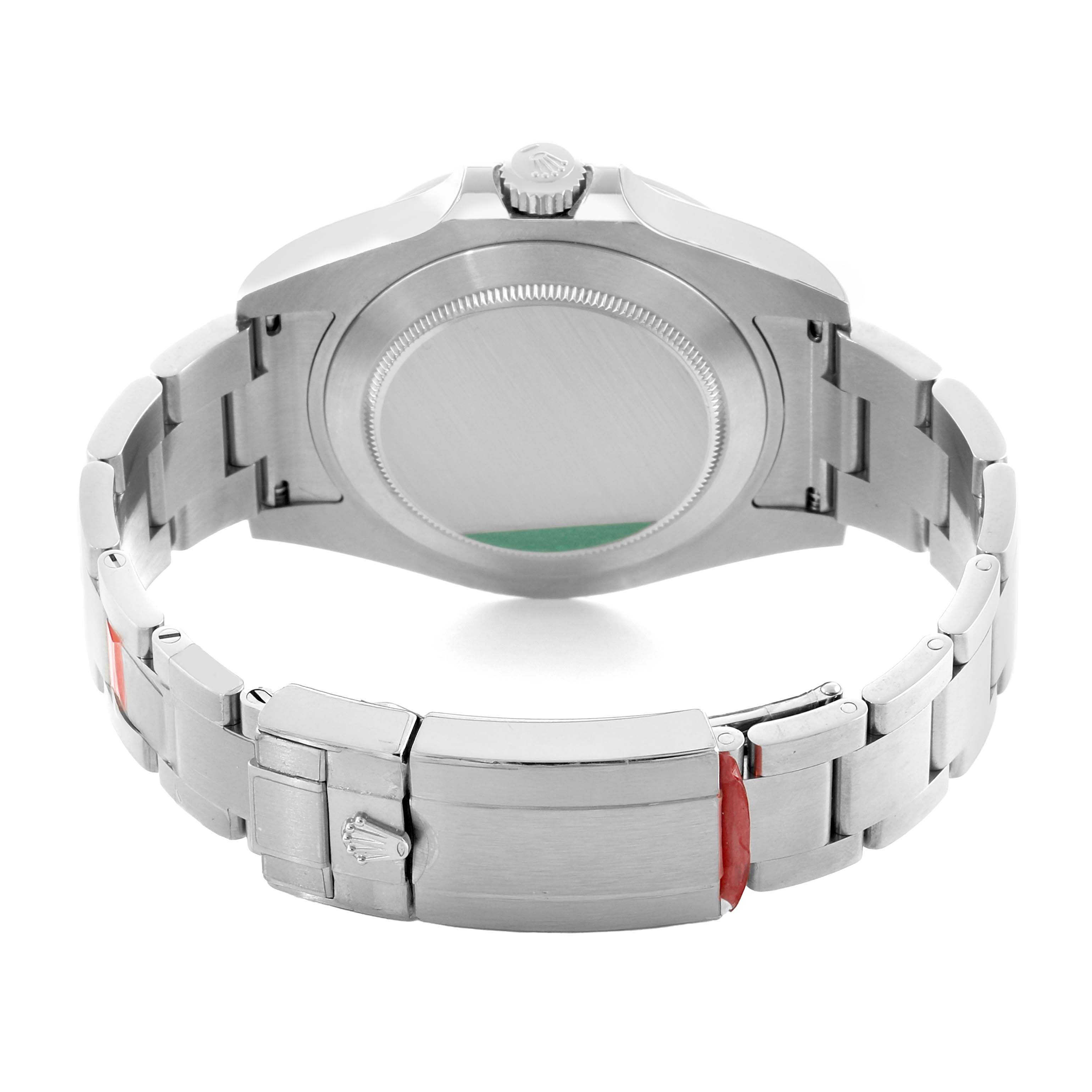 The image shows the underside and bracelet of a Rolex Explorer 216570 Men
s Stainless Steel Black Dial, highlighting the clasp and case back.