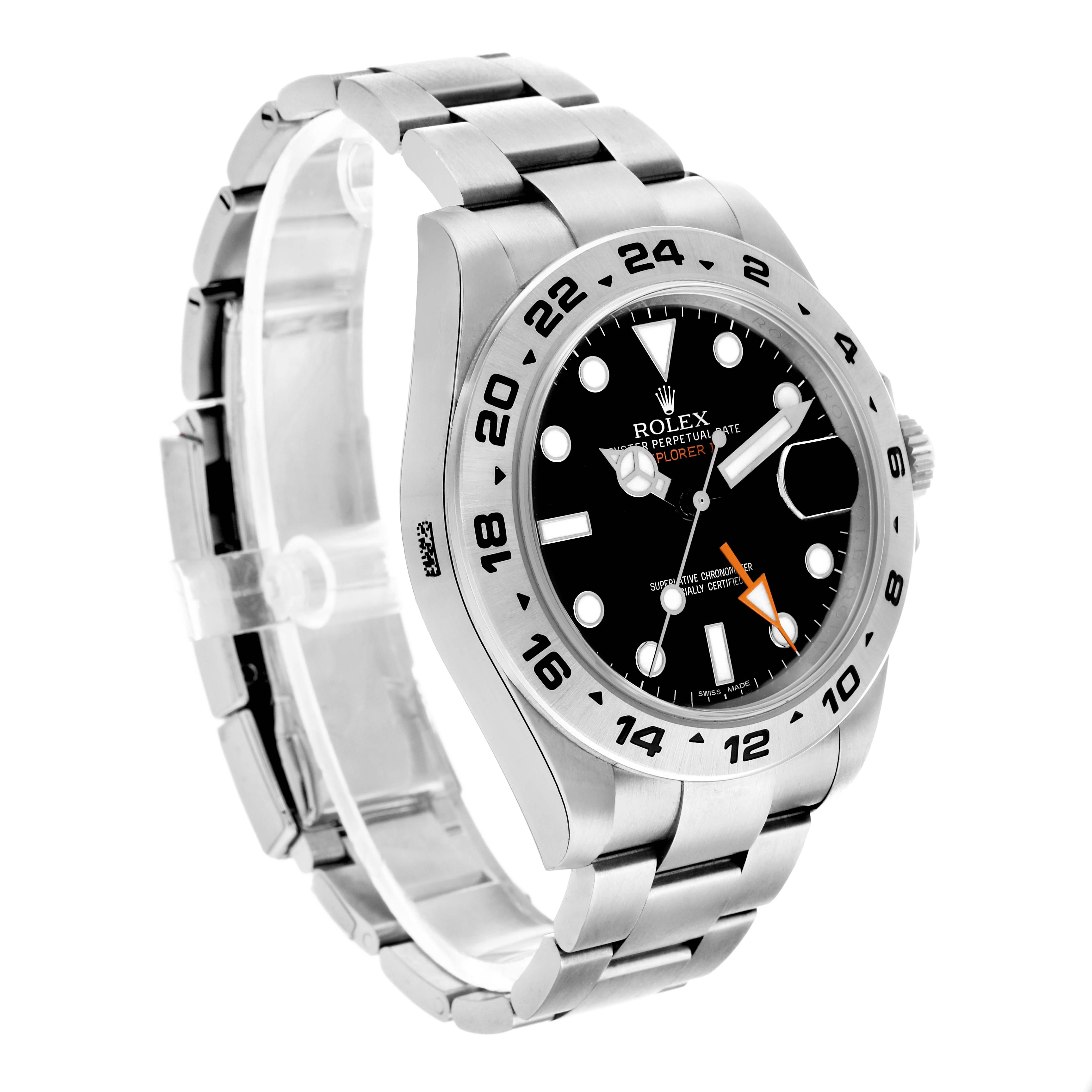 The Rolex Explorer 216570 Men
s Stainless Steel Black Dial watch is shown from a three-quarter angle, highlighting its dial, bezel, and bracelet.