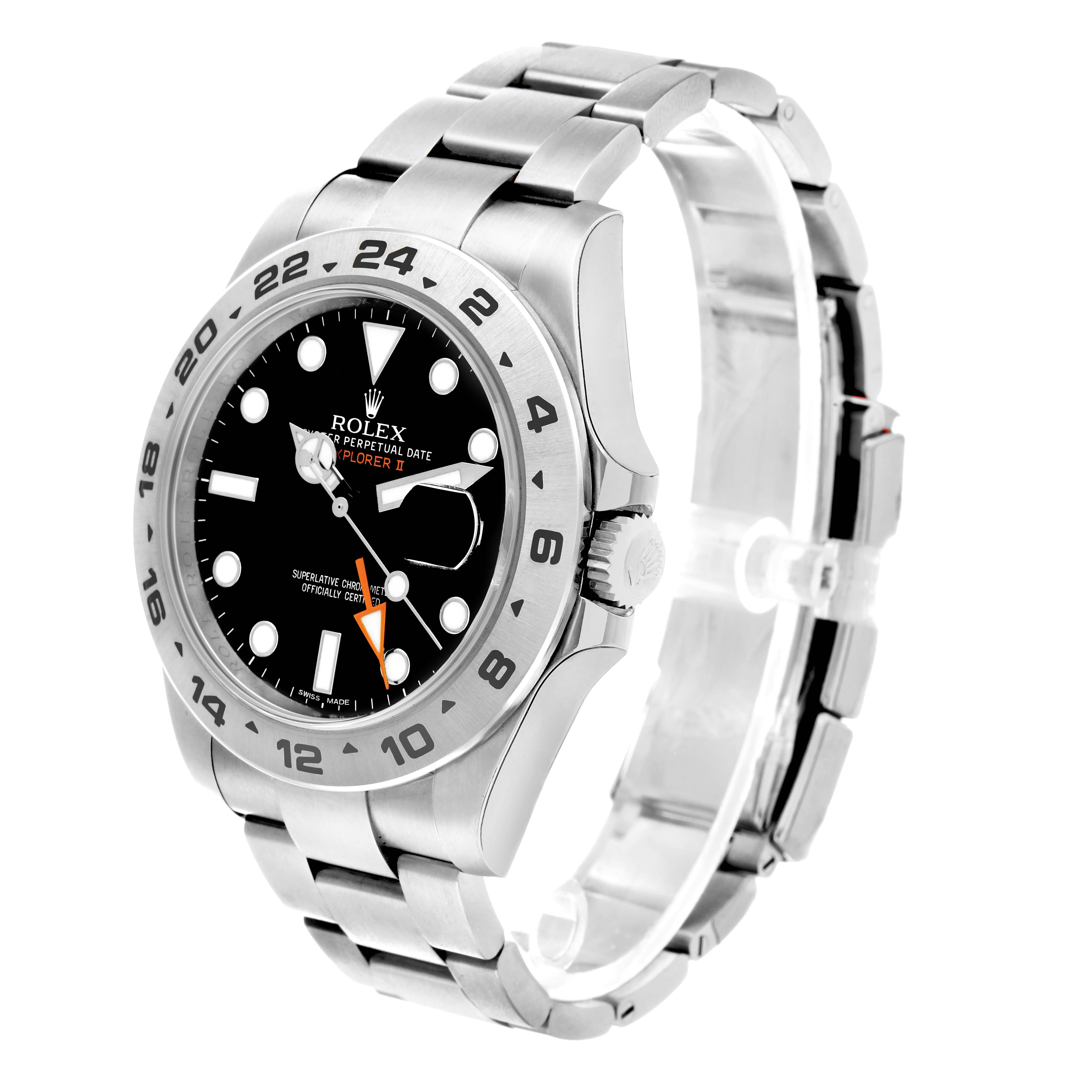 The Rolex Explorer 216570 Men
s Stainless Steel Black Dial II watch is shown from a front angle, highlighting the face, bezel, crown, and bracelet.