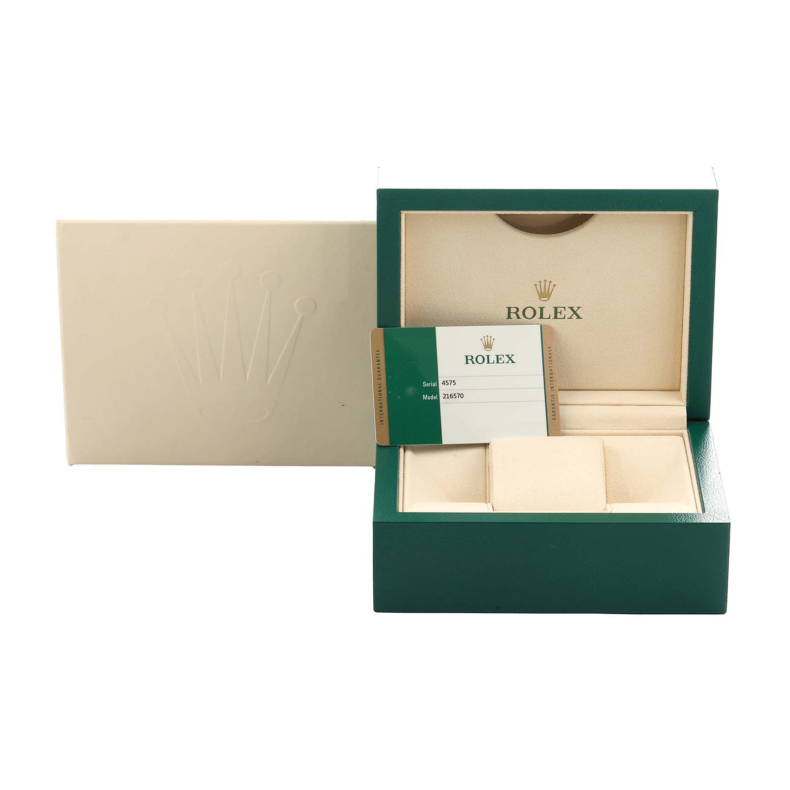 The image shows an open green box and a cardholder for the Rolex Explorer 216570 Men
s Stainless Steel Black Dial model.