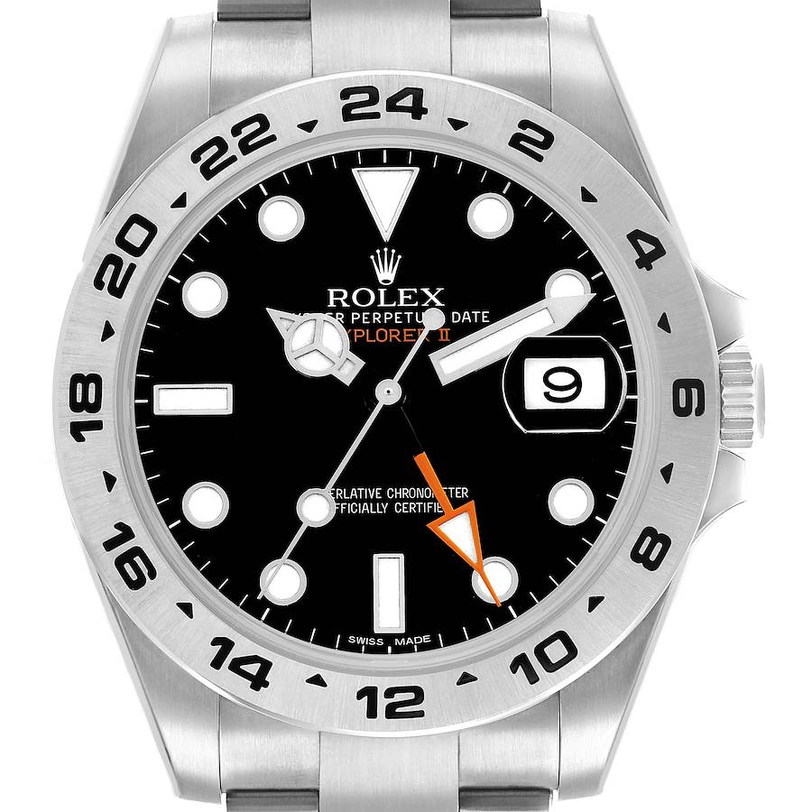 The Rolex Explorer 216570 Men's Stainless Steel Black Dial model is shown from the front, highlighting the dial, bezel, and bracelet top.