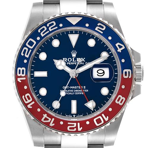 Photo of Rolex GMT Master II White Gold Pepsi Bezel Blue Dial Mens Watch 126719 Box Card