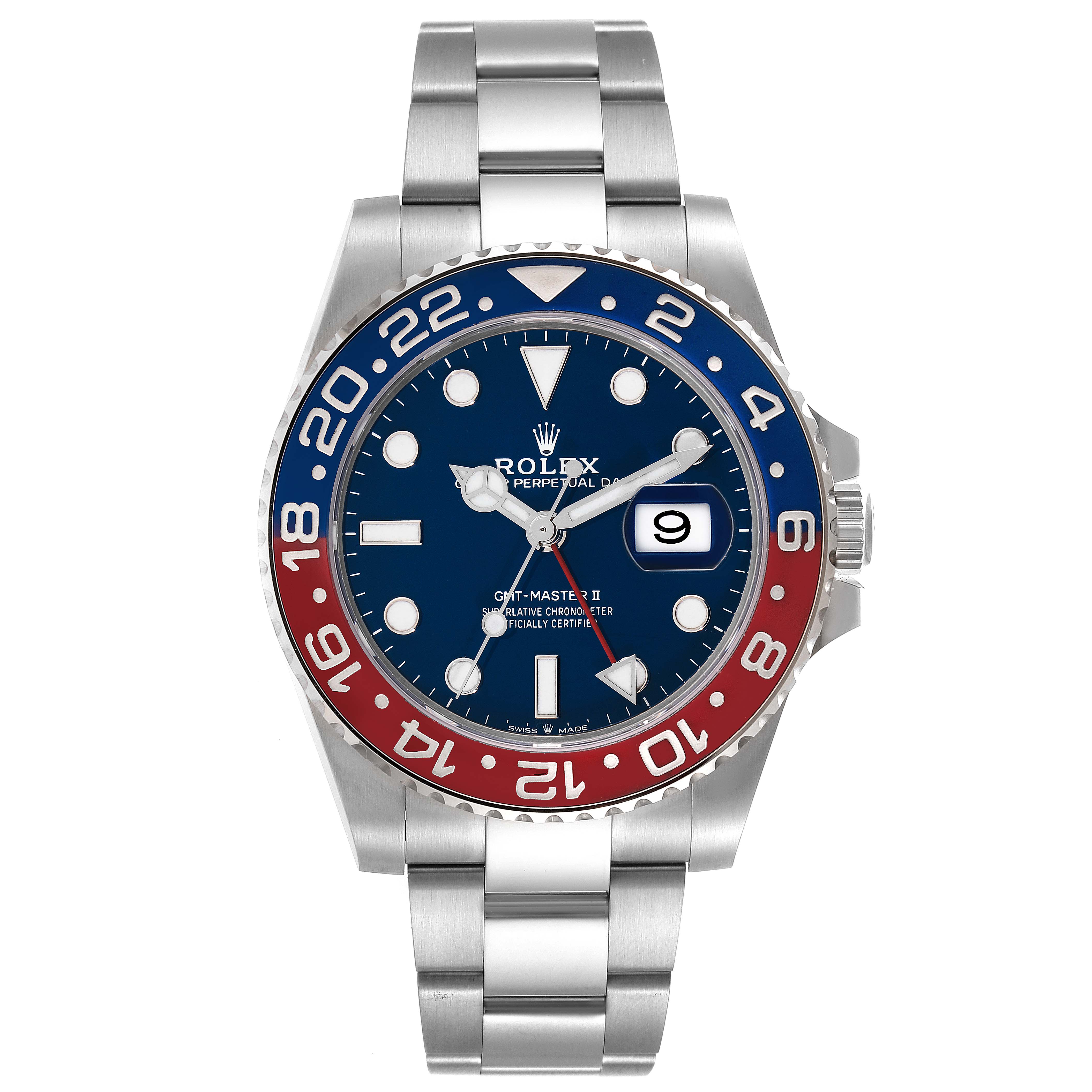 The image shows a front view of a Rolex GMT-Master 126719 Men
s Stainless Steel Blue Dial 126719 Men
s Stainless Steel Blue Dial watch, displaying its dial, bezel, and bracelet.