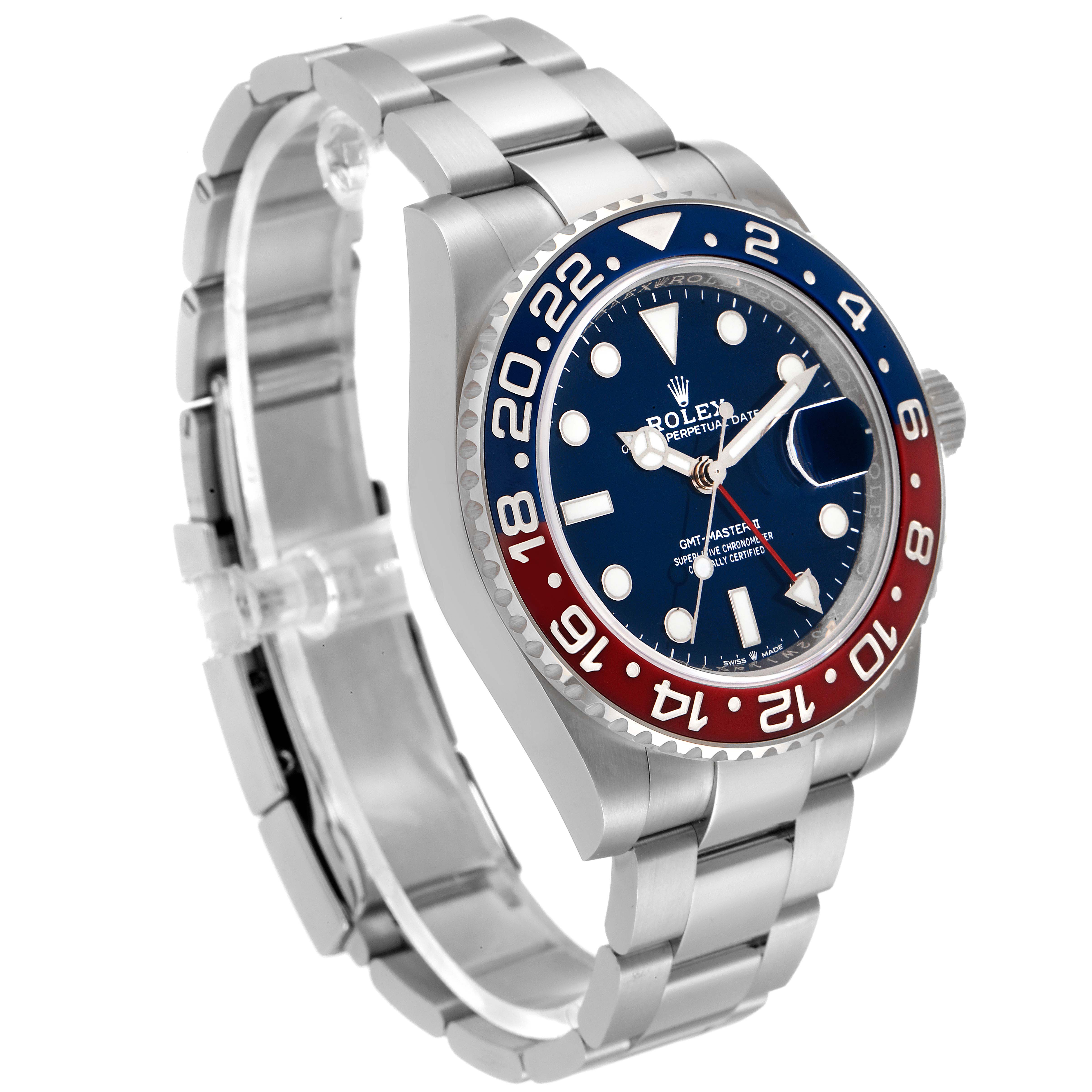This image shows a Rolex GMT-Master 126719 Men
s Stainless Steel Blue Dial 126719 Men
s Stainless Steel Blue Dial watch at a three-quarter angle, displaying the bezel, dial, and bracelet.