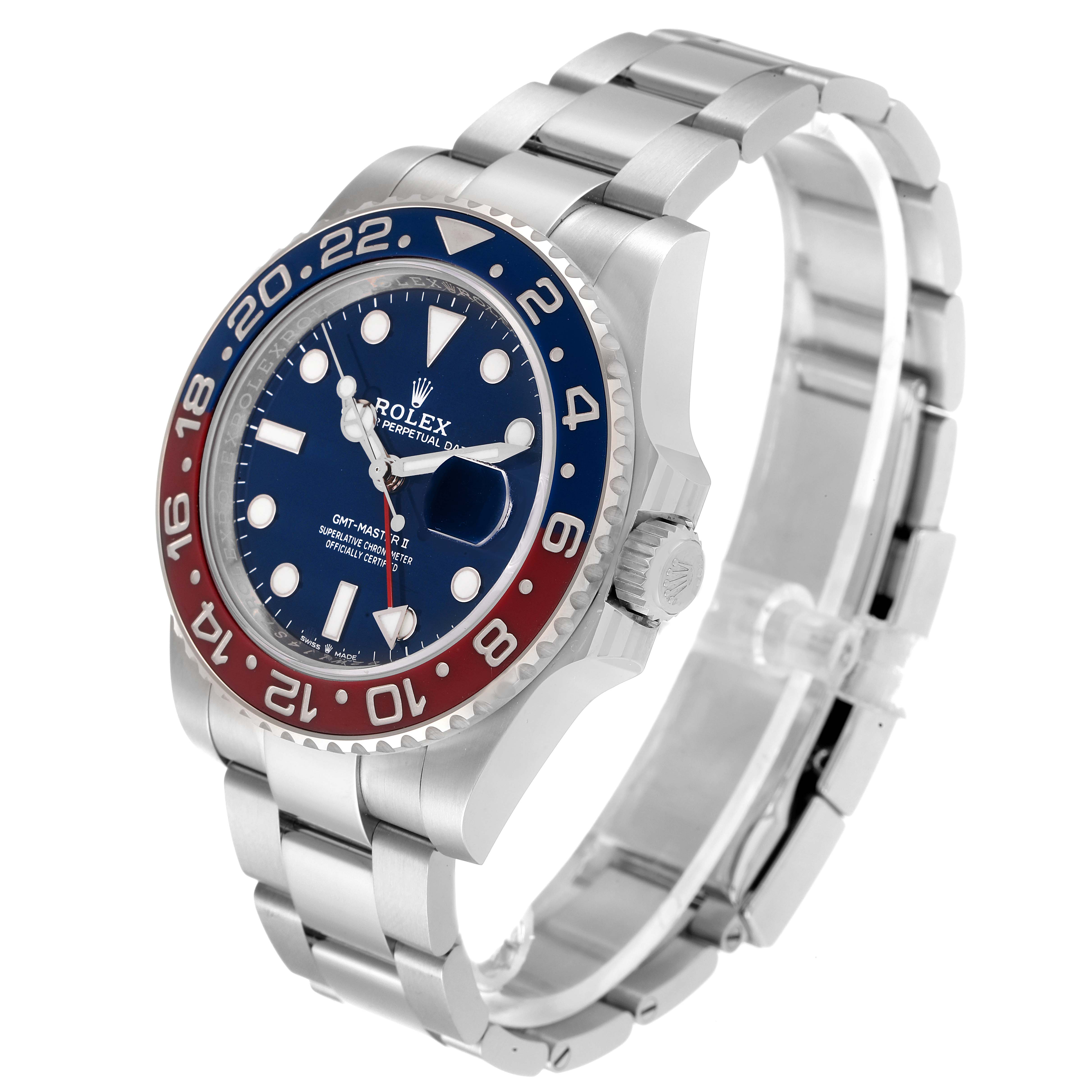 This image shows a Rolex GMT-Master 126719 Men
s Stainless Steel Blue Dial 126719 Men
s Stainless Steel Blue Dial II watch at a three-quarter angle, highlighting its bezel, dial, case, and bracelet.