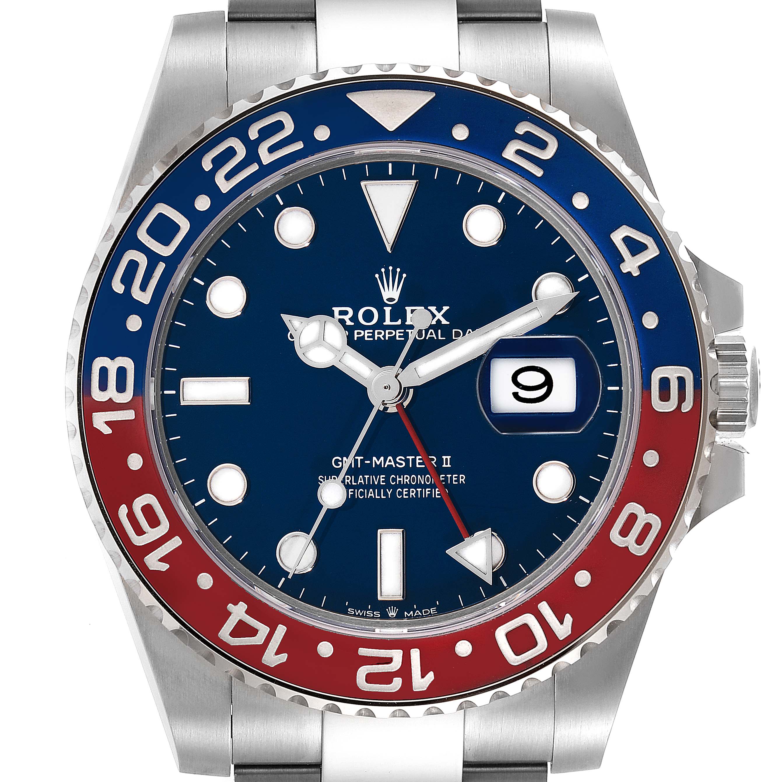 The image shows a front view of a Rolex GMT-Master 126719 Men
s Stainless Steel Blue Dial 126719 Men
s Stainless Steel Blue Dial II watch, highlighting its dial, bezel, and part of the bracelet.
