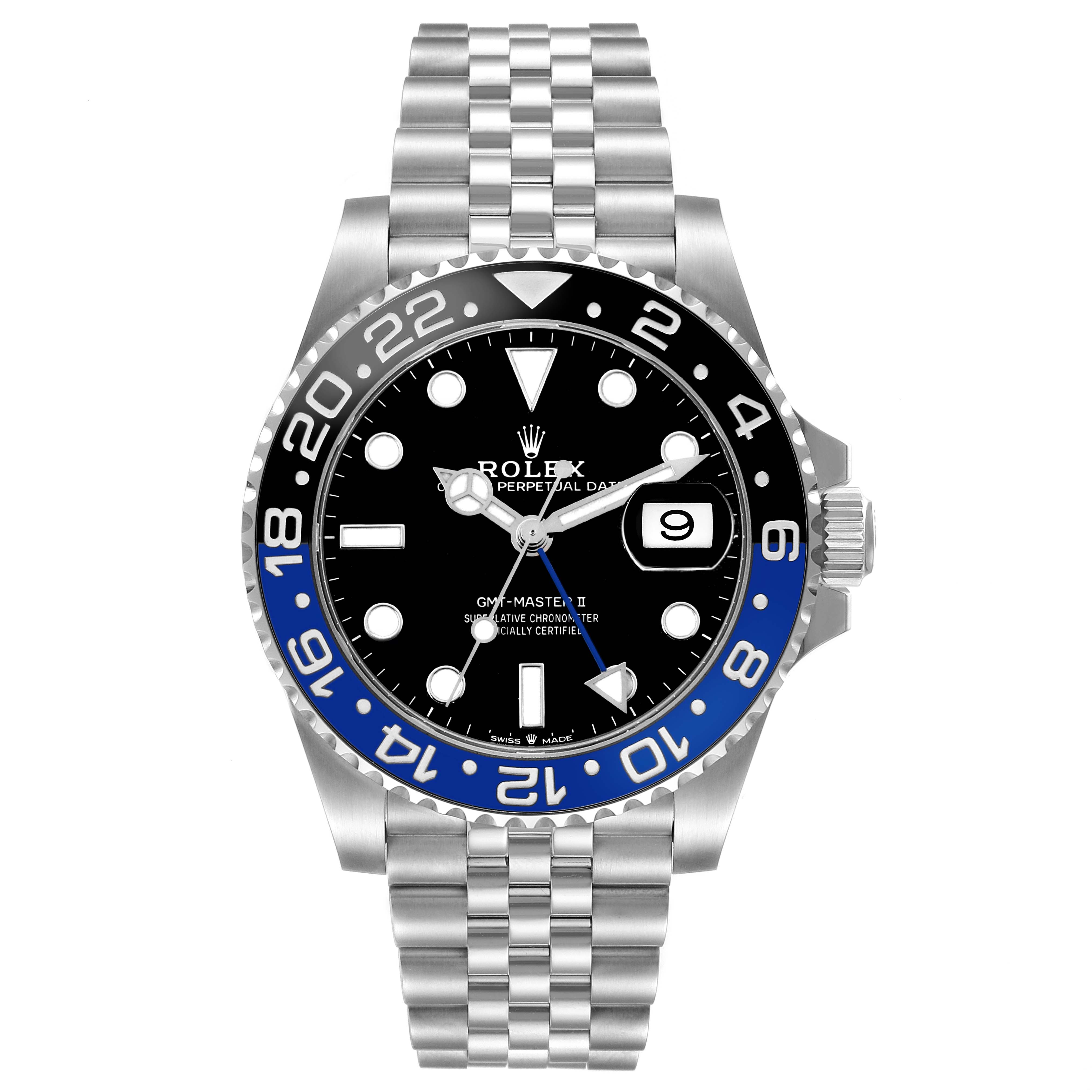 The Rolex GMT-Master 126710 Men
s Stainless Steel Black Dial II is shown from a front angle, displaying its dial, bezel, and bracelet clearly.