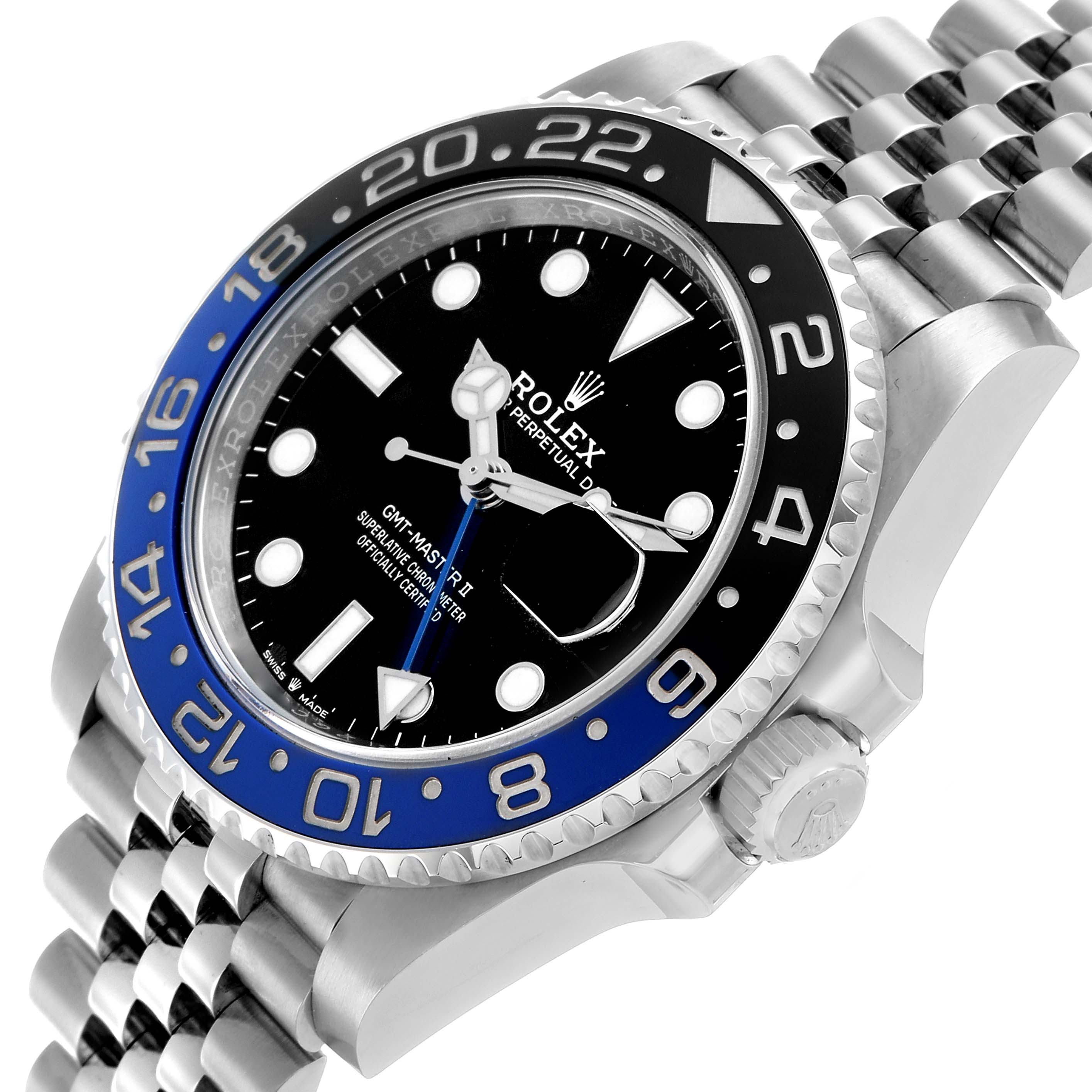The Rolex GMT-Master 126710 Men
s Stainless Steel Black Dial watch is shown at a 3/4 angle, displaying the bezel, dial, and bracelet.