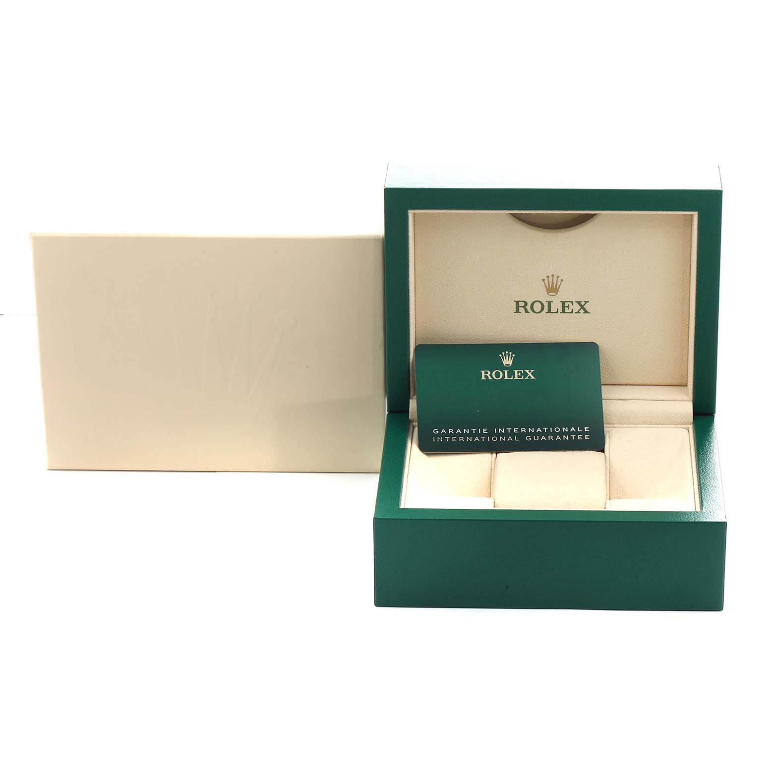 The image shows the open box and international guarantee card for a Rolex GMT-Master 126710 Men
s Stainless Steel Black Dial watch.