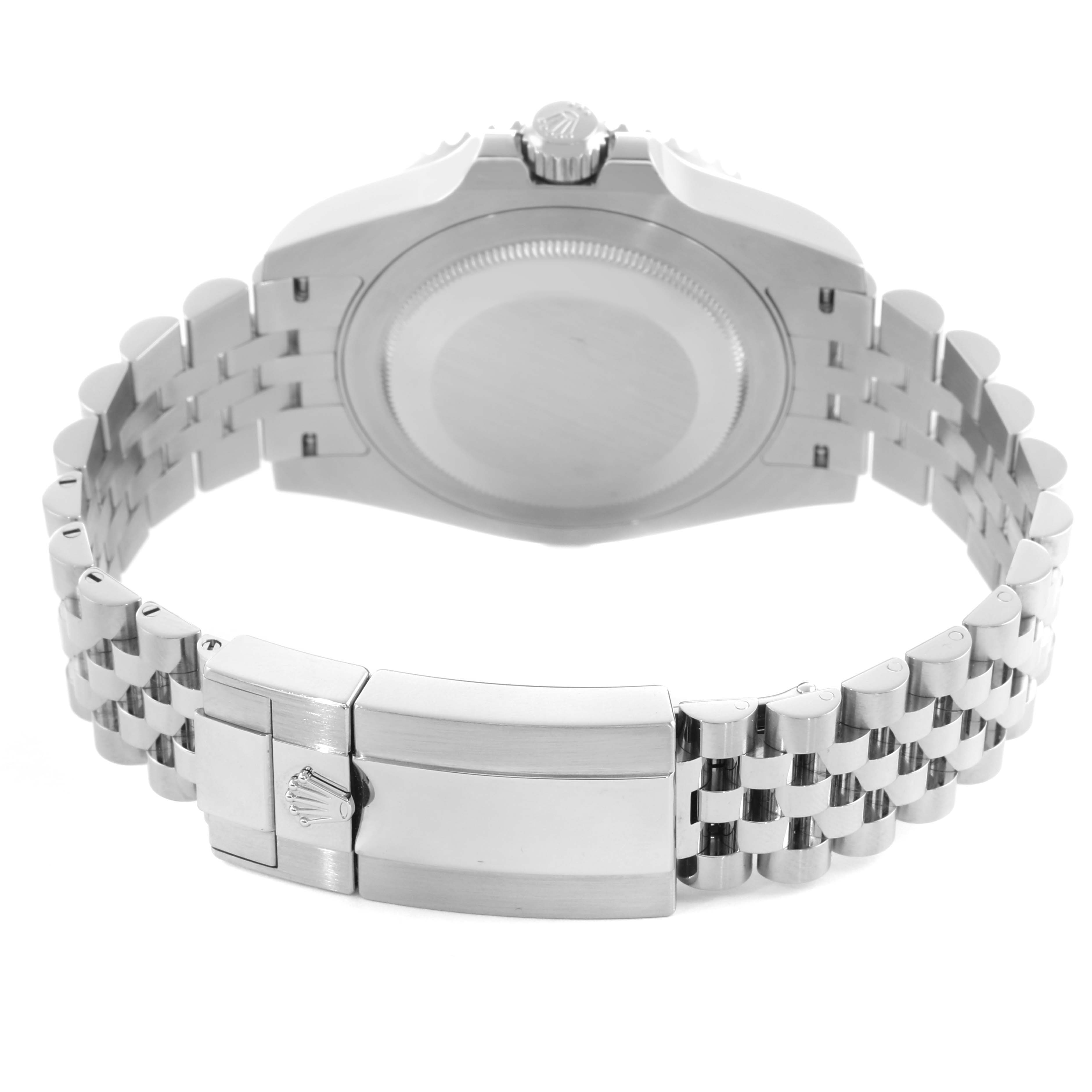 The image shows the back case and bracelet of a Rolex GMT-Master 126710 Men
s Stainless Steel Black Dial, focusing on the clasp and crown side.