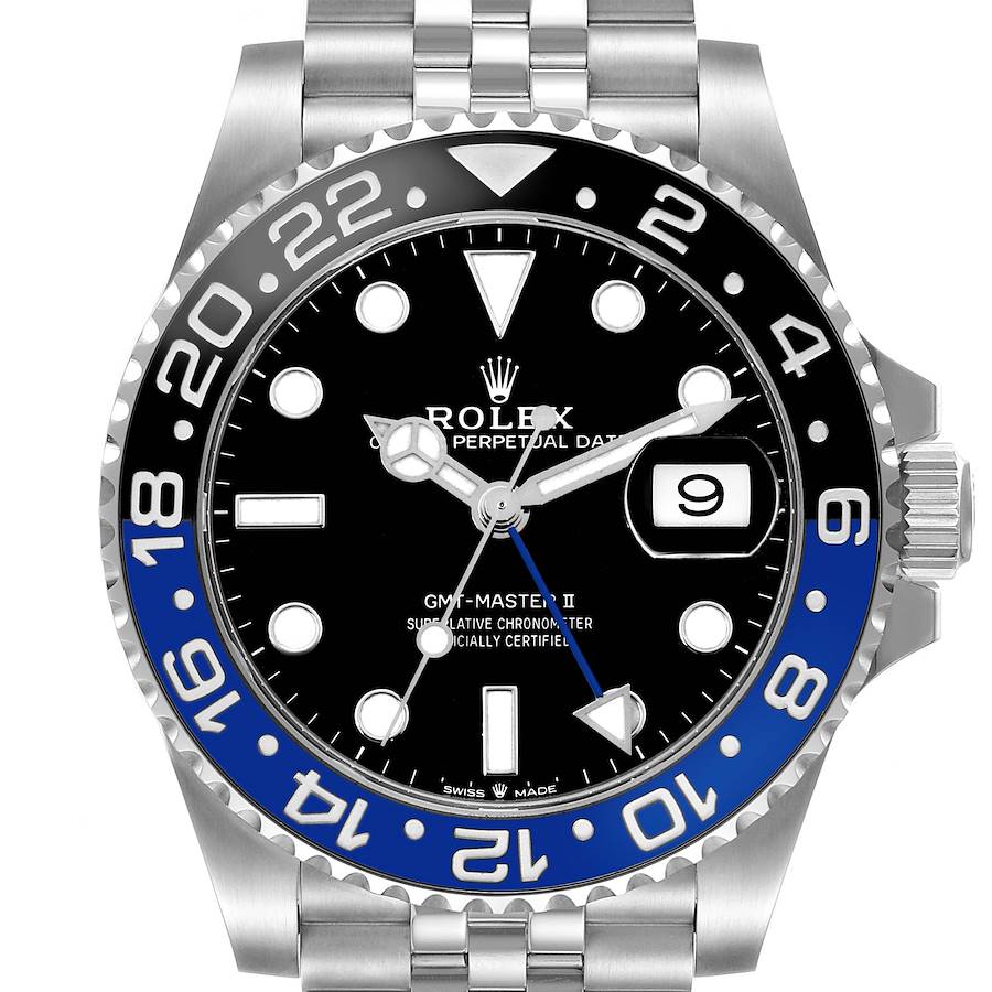 The image shows a front view of the Rolex GMT-Master 126710 Men's Stainless Steel Black Dial II watch, highlighting the bezel, dial, hands, and date window.
