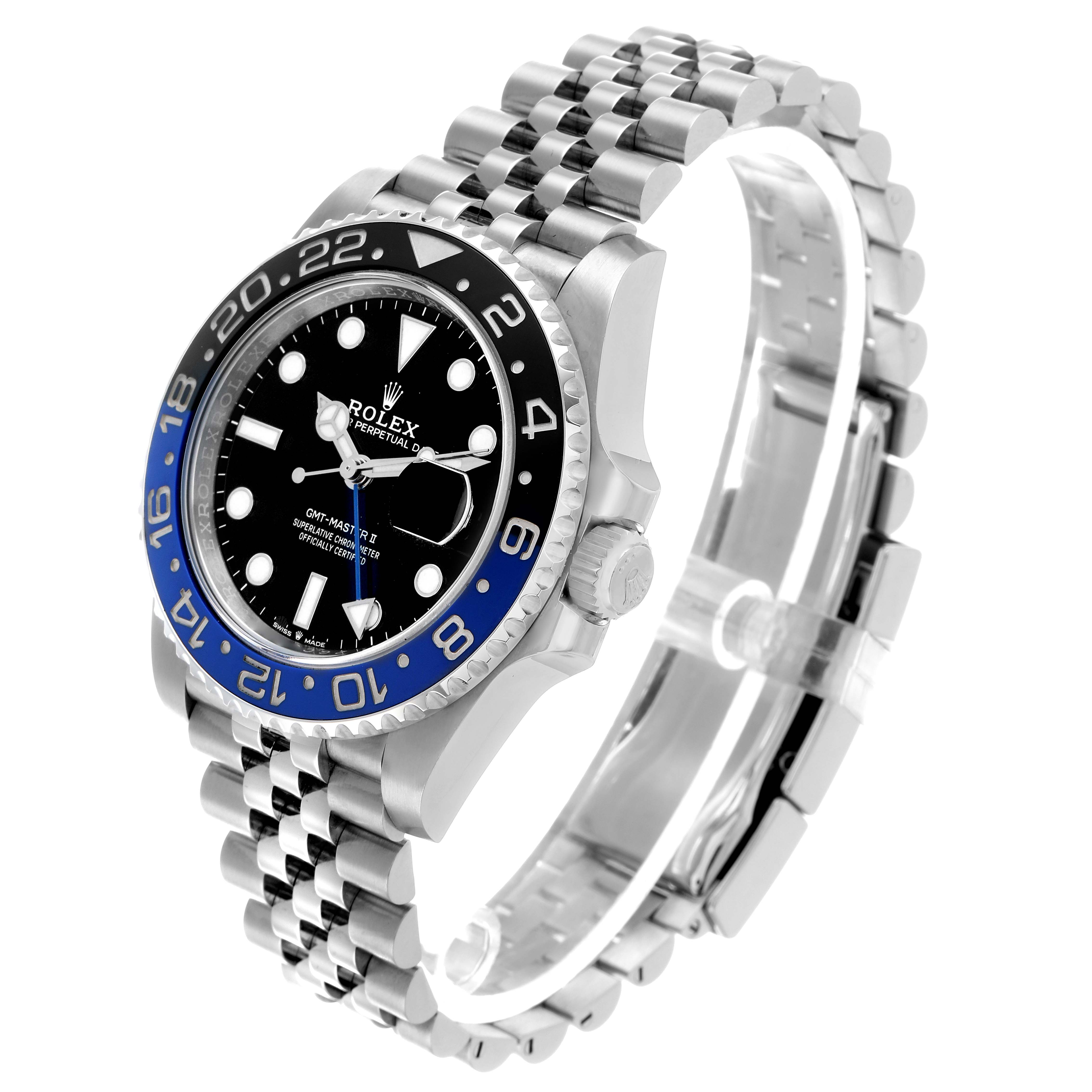 The Rolex GMT-Master 126710 Men
s Stainless Steel Black Dial watch is shown at a three-quarter angle, displaying the bezel, dial, and bracelet.
